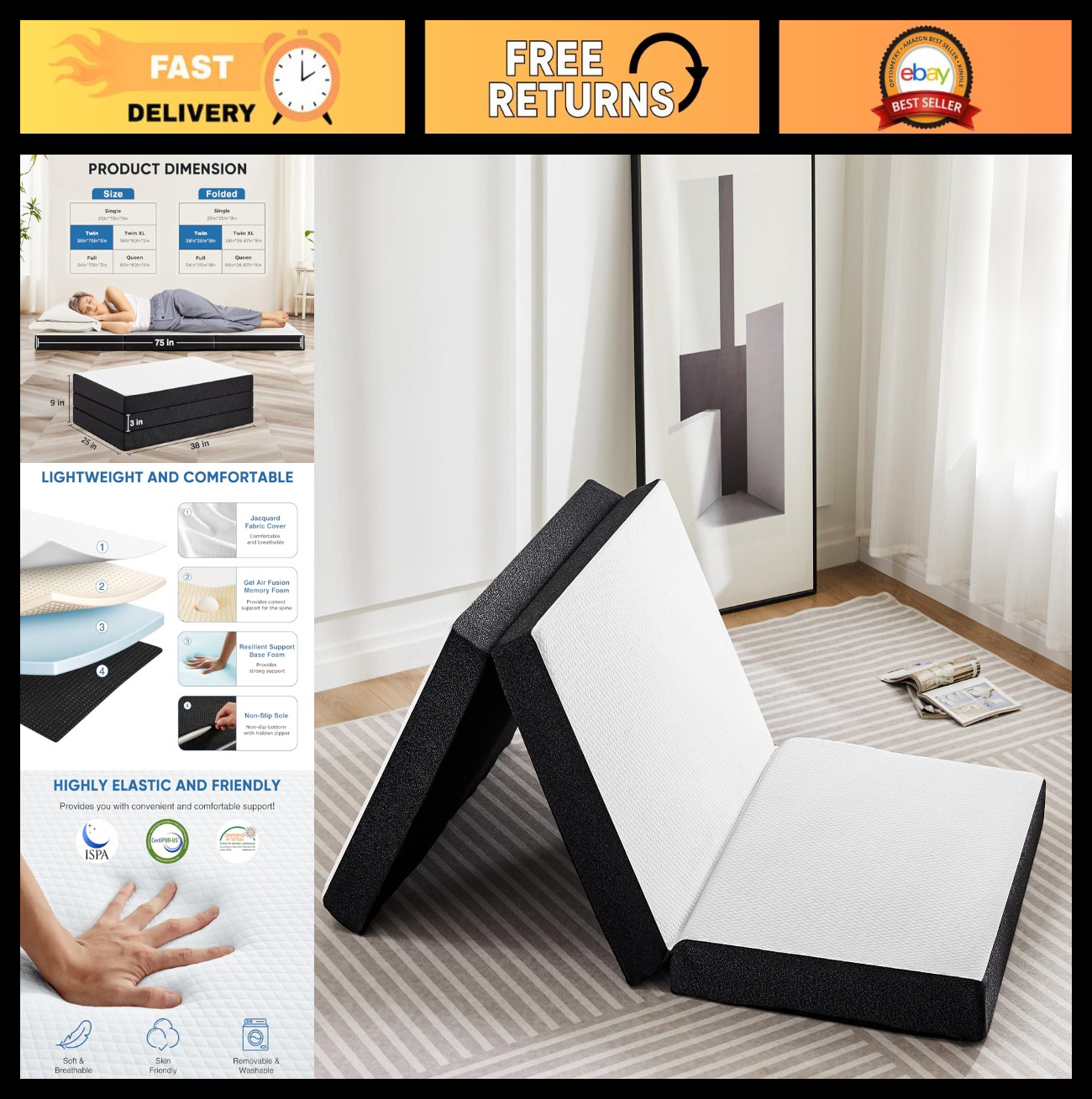 Tri-Fold Memory Foam Mattress 3″ Twin Size Portable Bed, Washable Cover, Travel