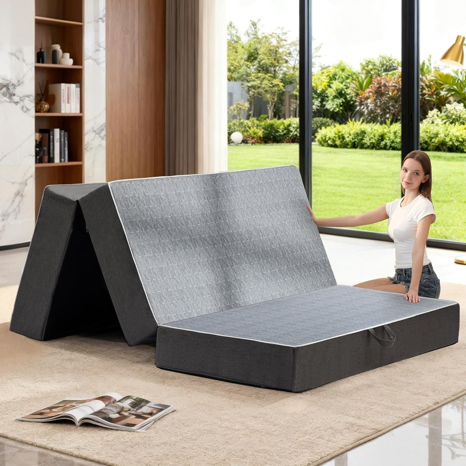 Tri Folding Mattress Queen Size – 6 Inch Dual-Layer Memory Foam Foldable Mattres