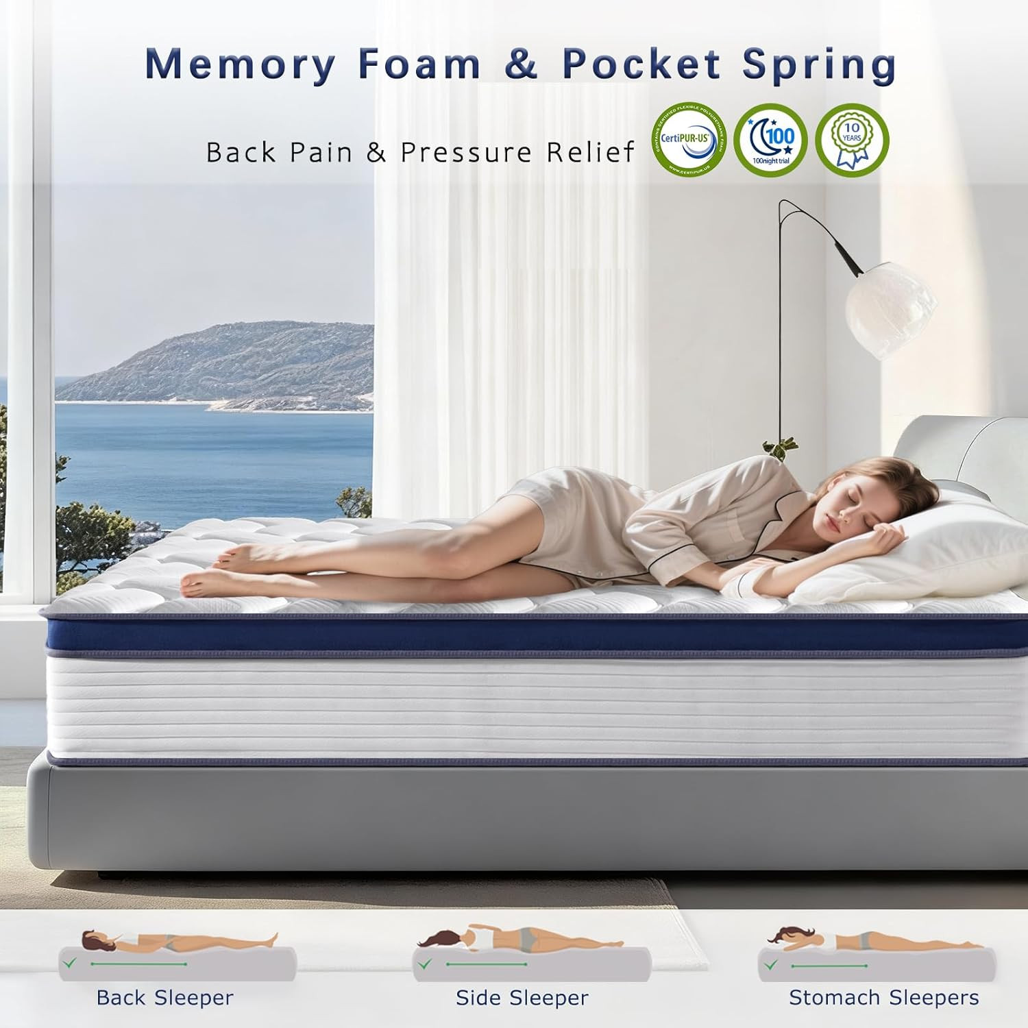 14″ Hybrid Queen Mattress, Memory Foam & Pocket Springs, Medium Firm, CertiPUR-U