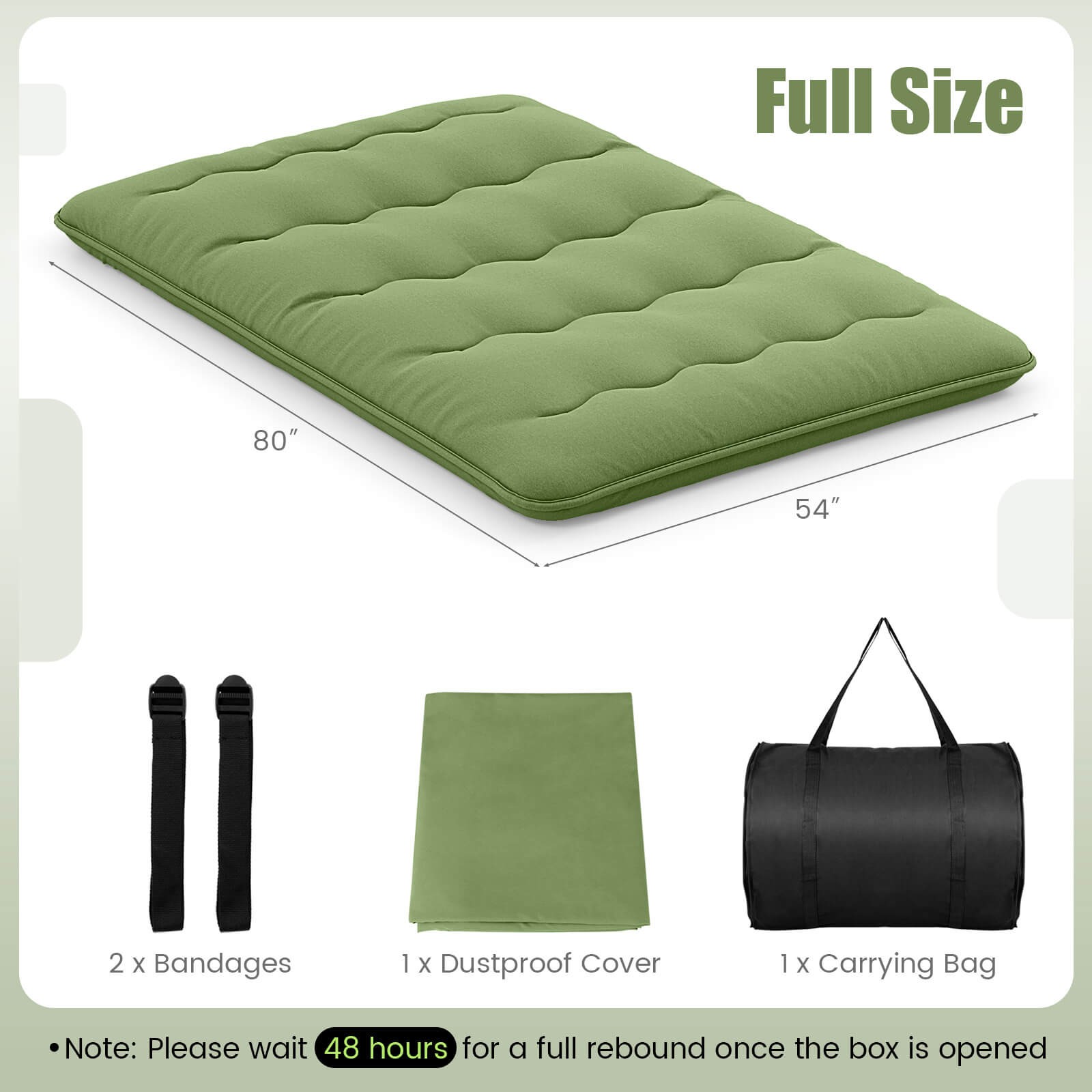 Full Futon Mattress Washable Cover Carry Bag Green Japanese Floor Pad