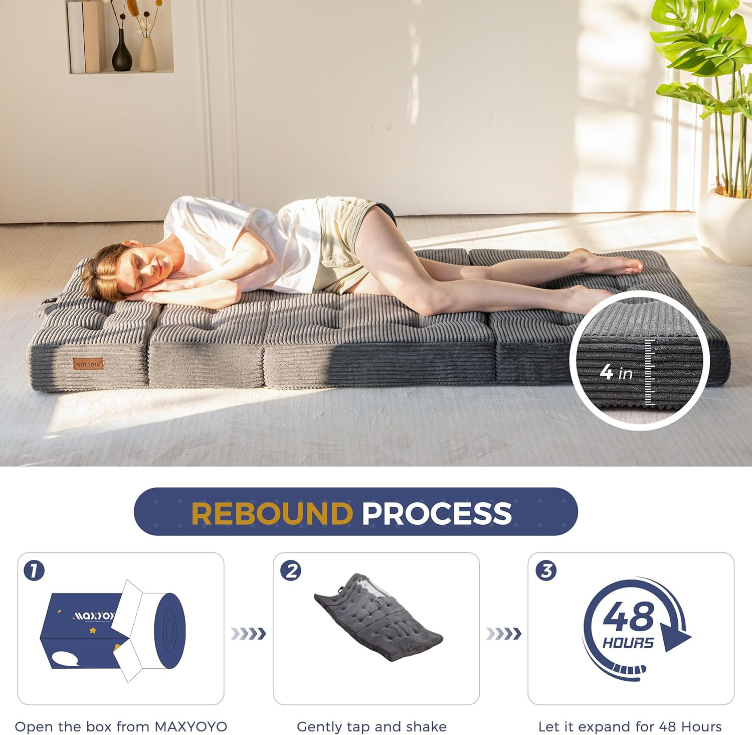 Tri-Fold 4-Inch Foam Mattress, Portable Floor Couch, Twin Size, Dark Grey