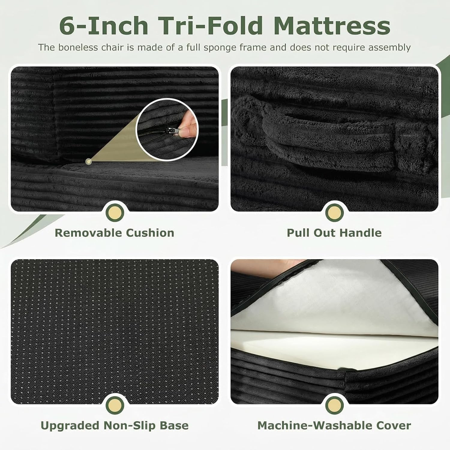 6″ Tri-Folding Full Mattress Sofa Bed, Washable Cover, High-Density Foam, Black