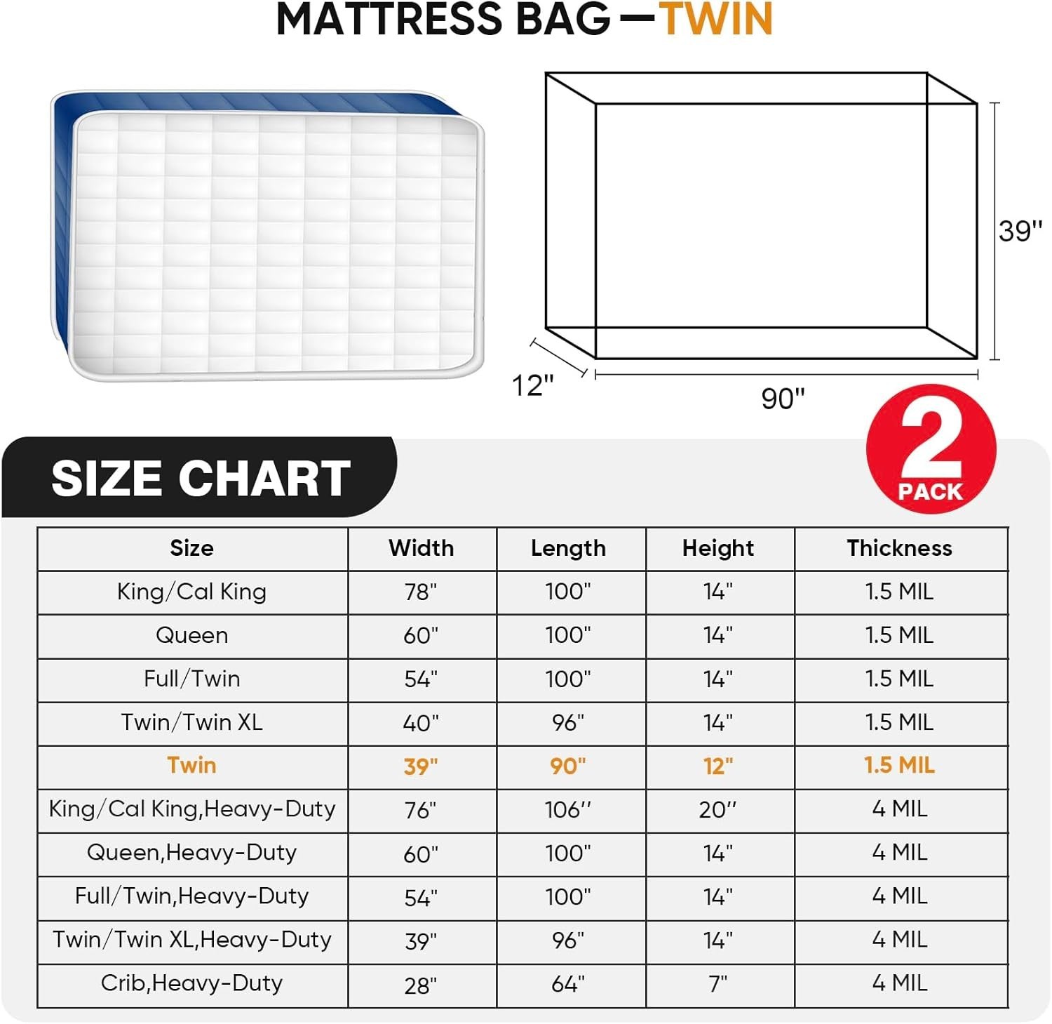 2 PK Twin Mattress Bags for Moving, Waterproof & Tear-Resistant Plastic Mattr…
