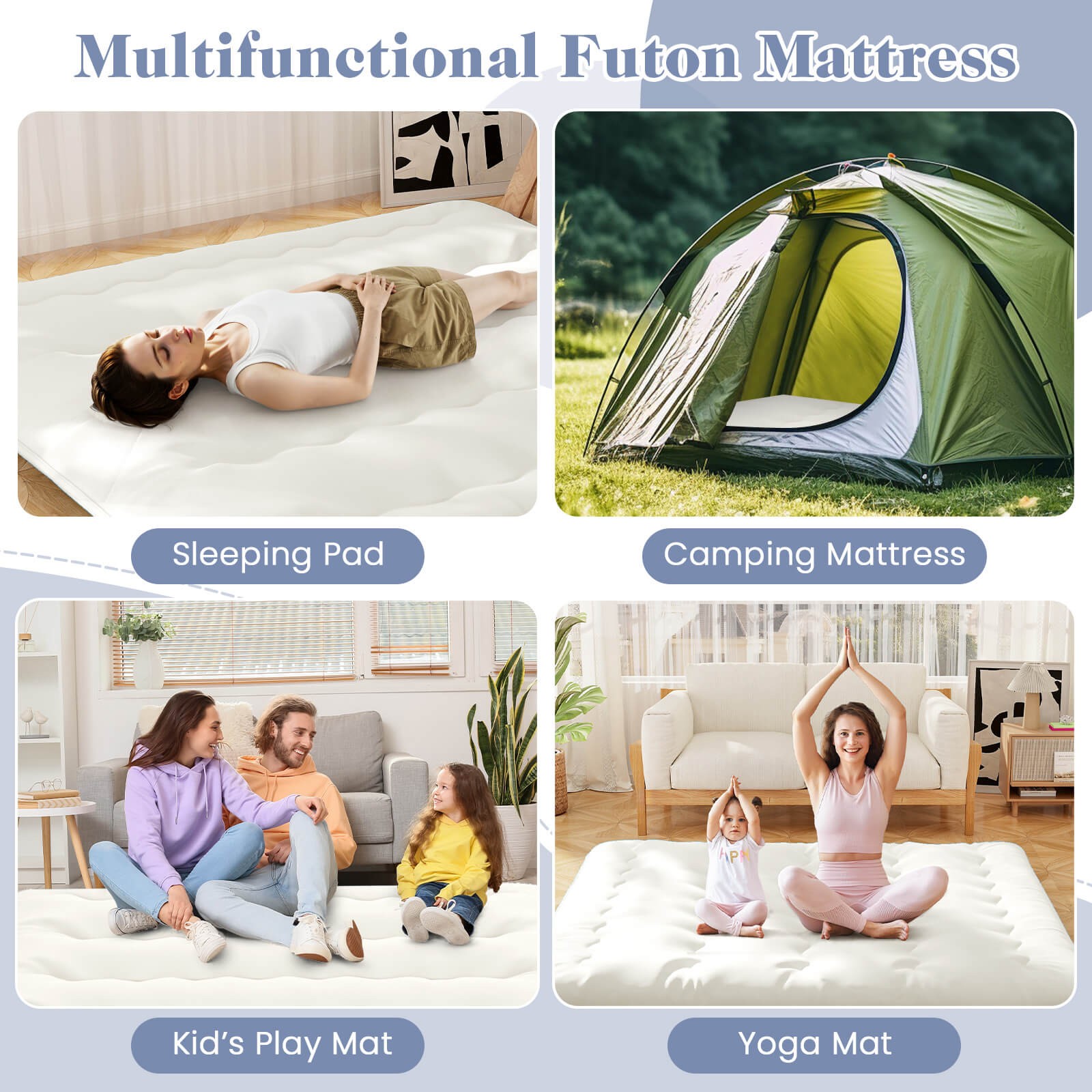 King Futon Mattress Japanese Floor Sleeping Pad Washable Cover Carry Bag Beige