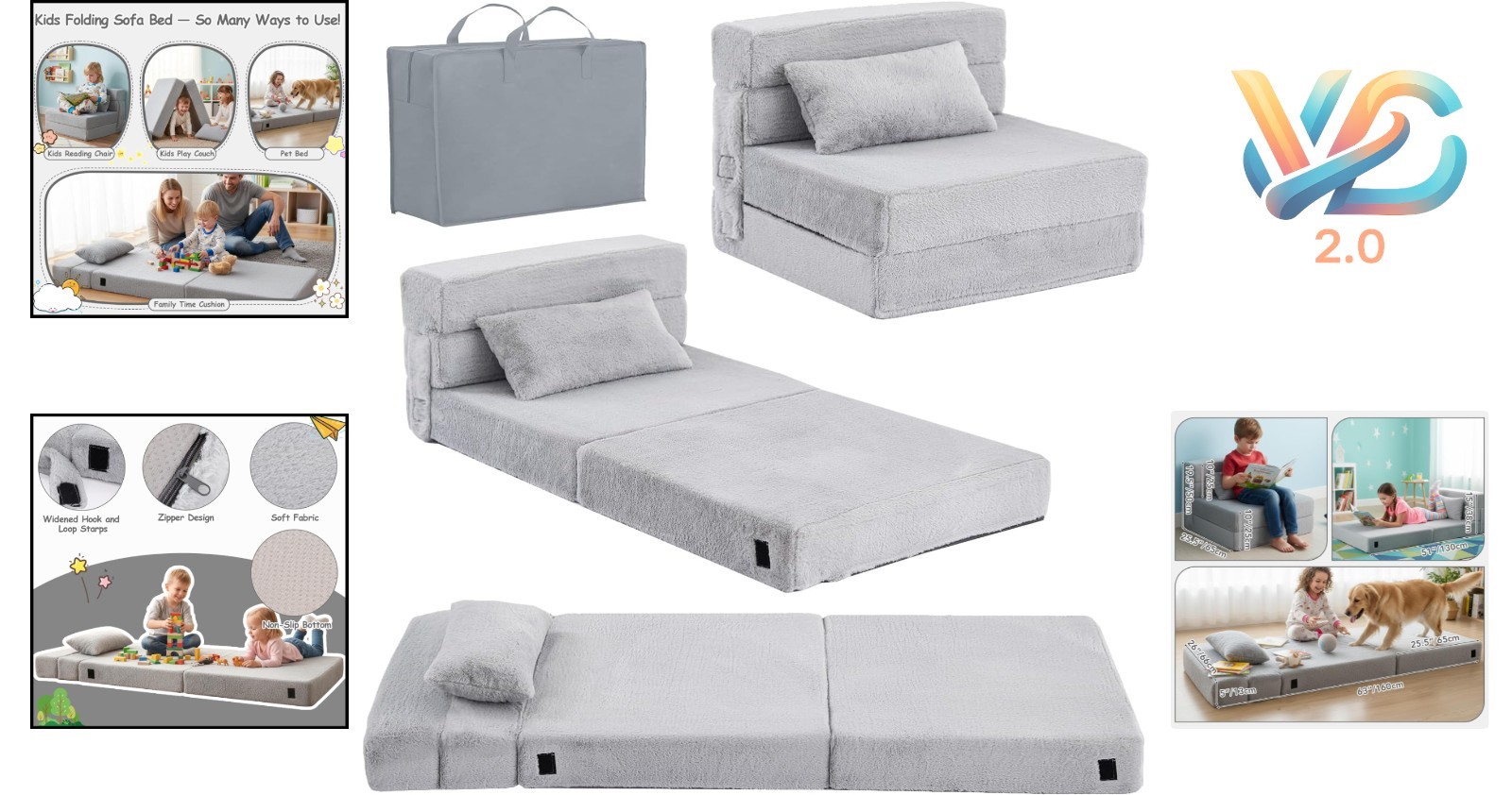 Kids Folding Mattress Kids Floor Couch Sofa with Storage Bag Grey