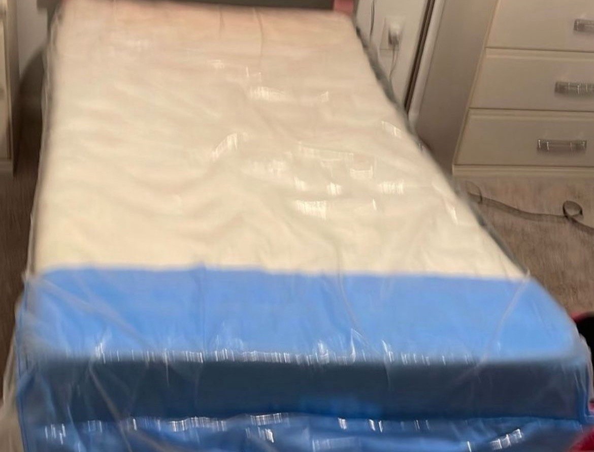 Single Firm Foam Mattress, White/Blue, Waterproof Plastic Cover
