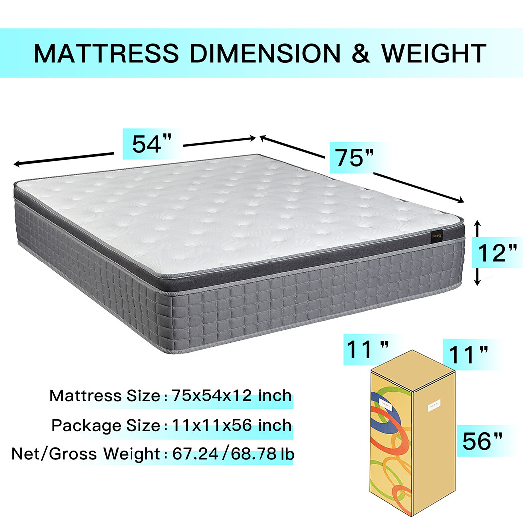 12” Full Size Mattress Memory Foam Pocket Spring Medium Firm Bed in a box