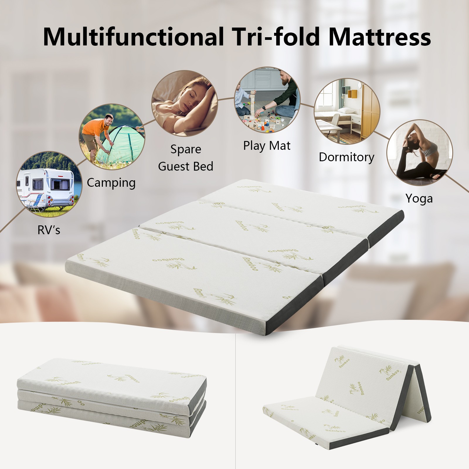 FULL 3″ Tri-fold Memory Foam Floor Mattress Topper Portable w/ Carrying Bag
