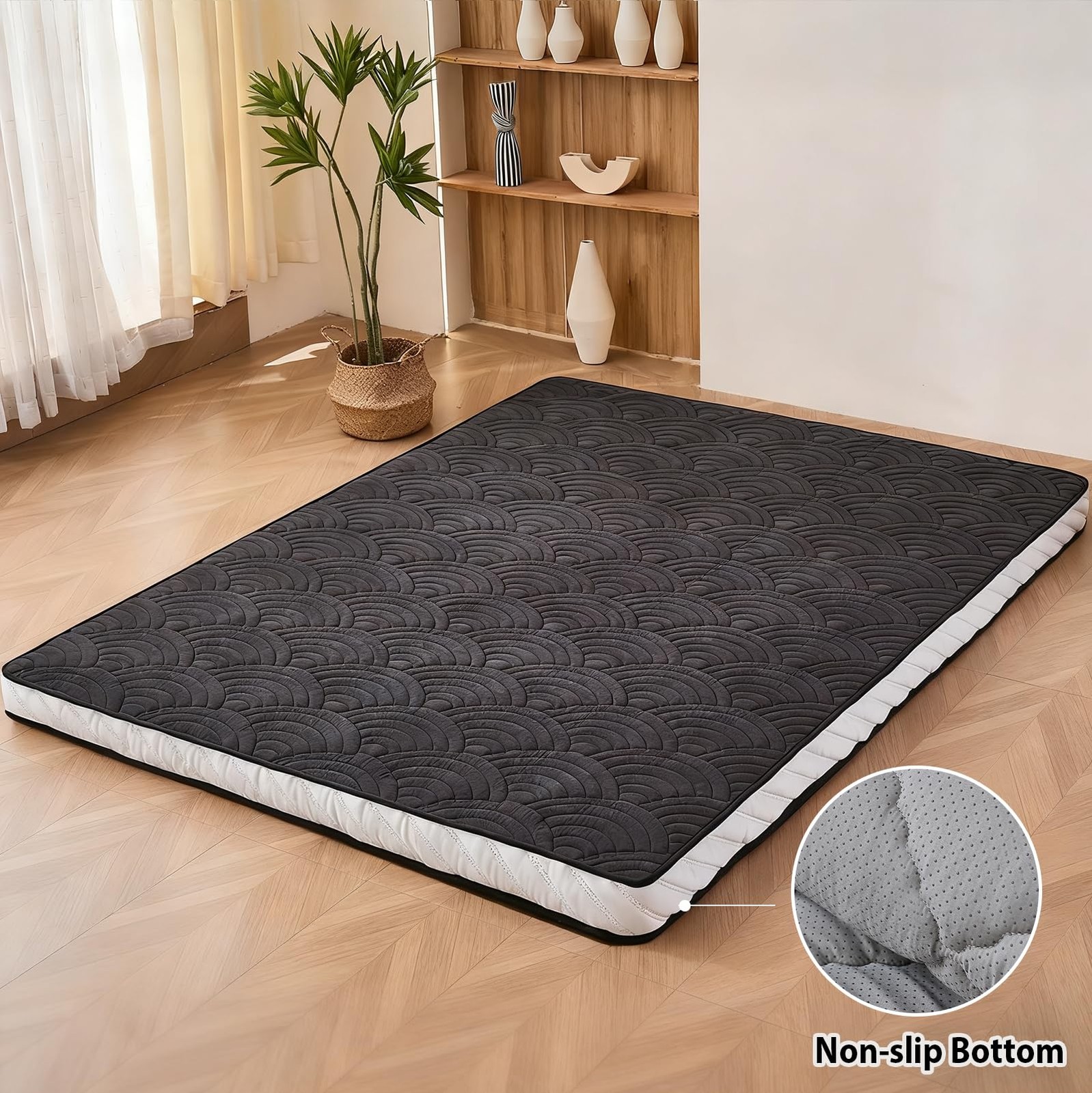 Japanese Floor Mattress, Quilted Futon Mattress with Anti-Slip Bottom, Foldab…