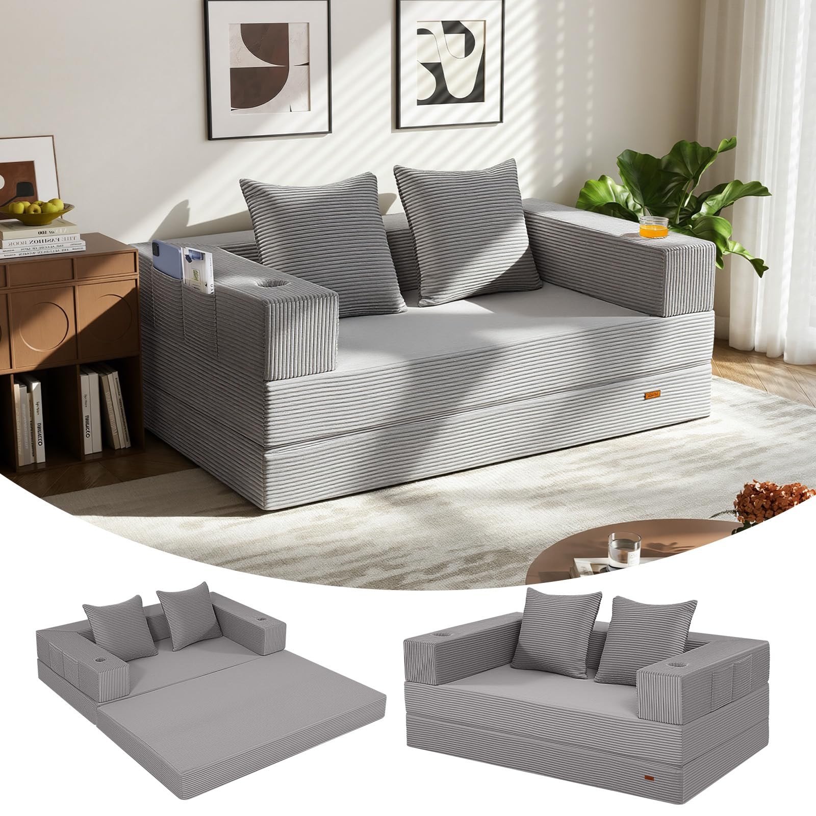 COMAX Futon Sofa Bed, 4‑in‑1 Convertible L-Shaped Loveseat, Light Grey