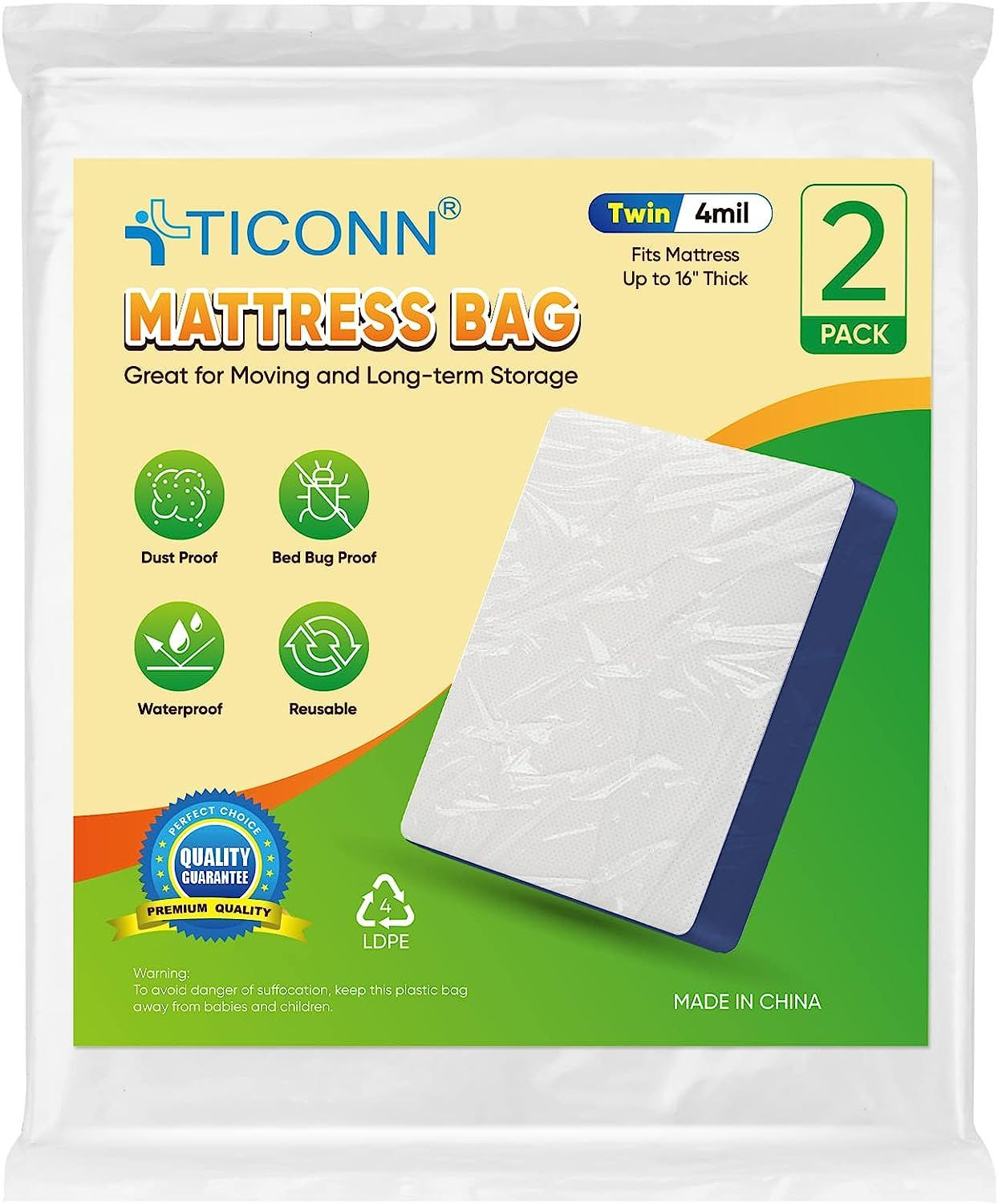 TICONN 2PK Mattress Bag for Moving Storage, 4 Mil Waterproof Twin/Twin XL