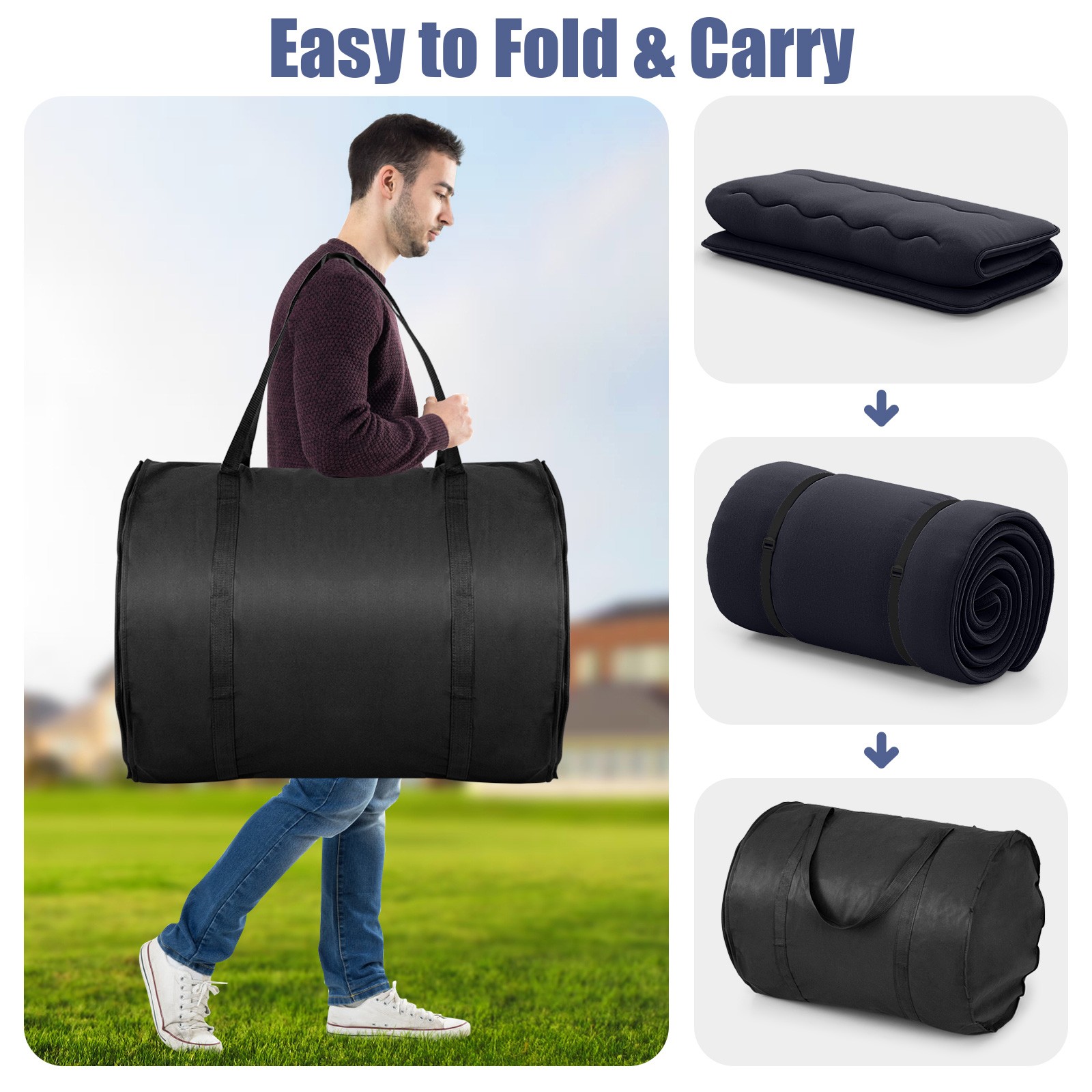 Full Futon Mattress Japanese Floor Pad Washable Cover Carry Bag Black