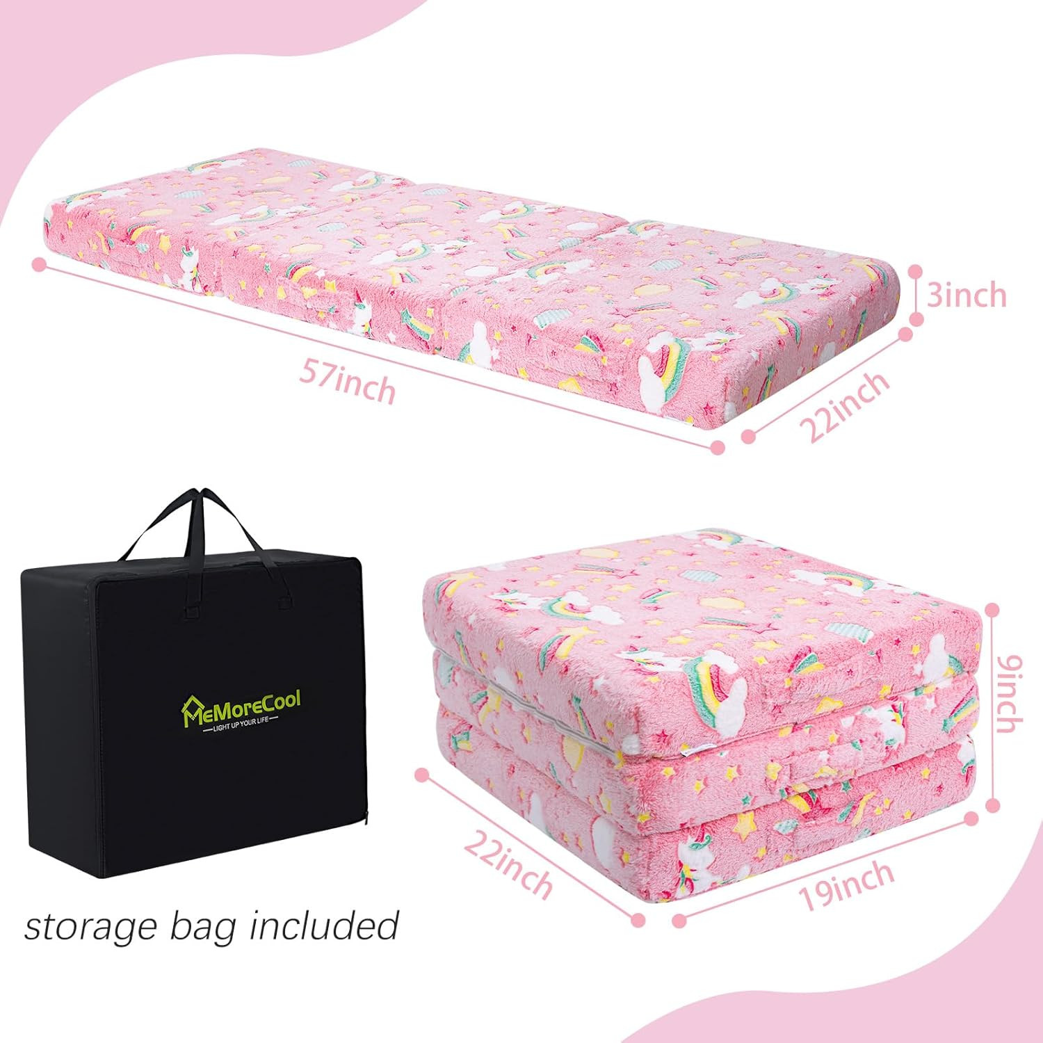 Glow Pink Unicorn Trifold Floor Mattress for Kids – Portable Nap Mat 57×22 Inch