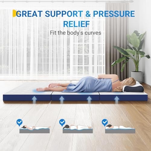 Foldable Memory Foam Mattress 4″ Trifold Portable for Camping, Travel, Guest Roo