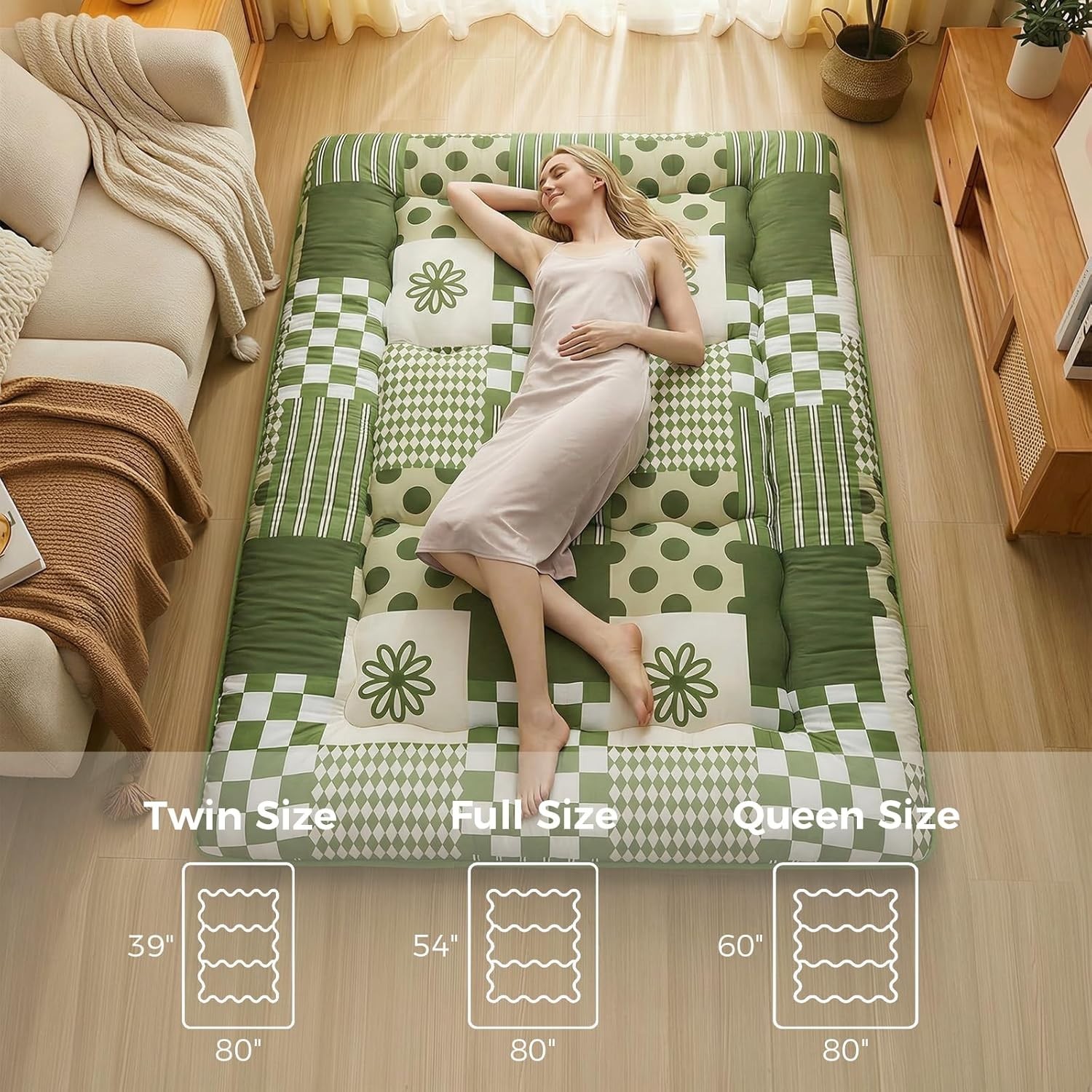 Foldable Japanese Floor Mattress Full 80″x54″ 2.5″ 3-Layer Foam Anti-Slip Cover