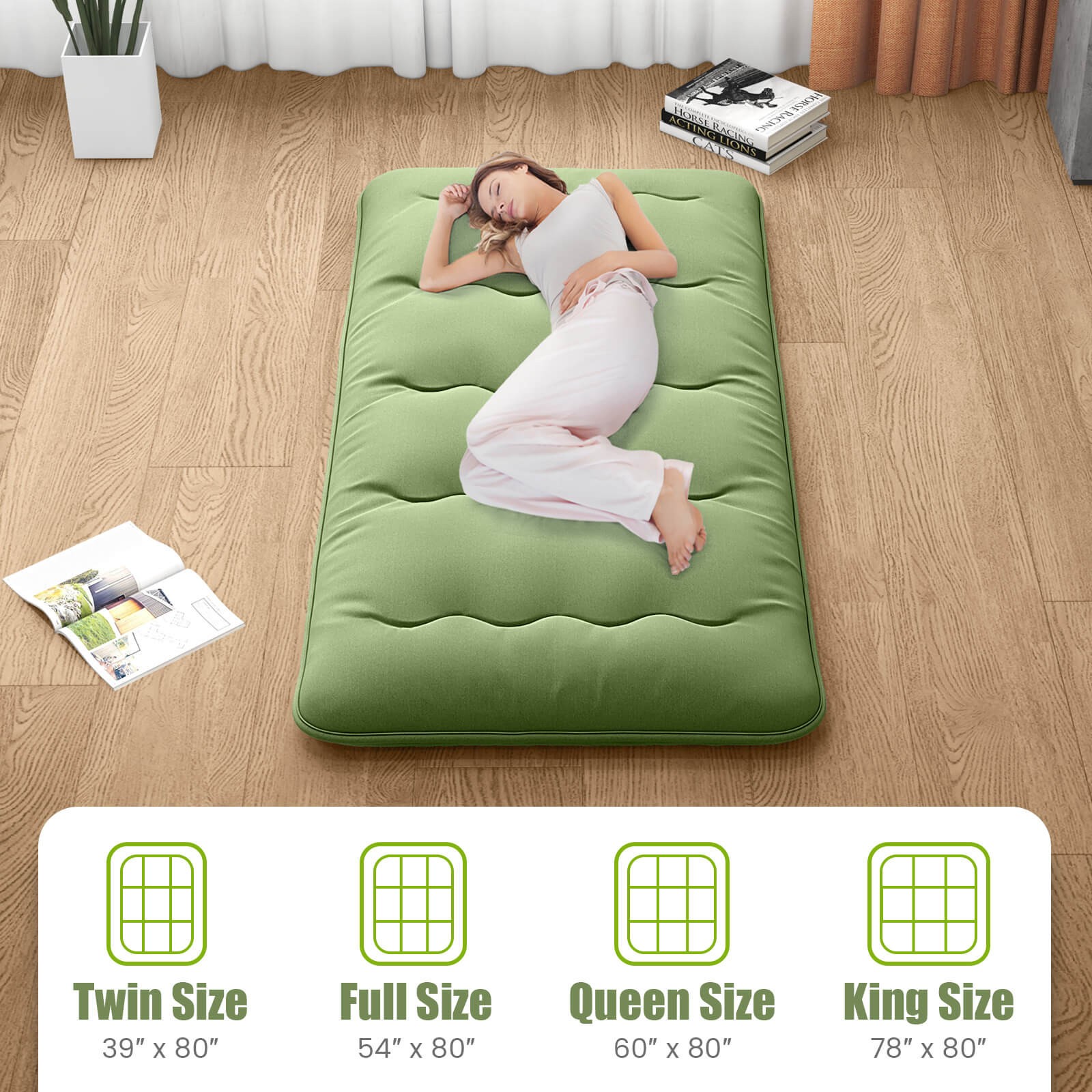 Twin Futon Mattress Washable Cover Carry Bag Green Japanese Floor Sleeping Pad