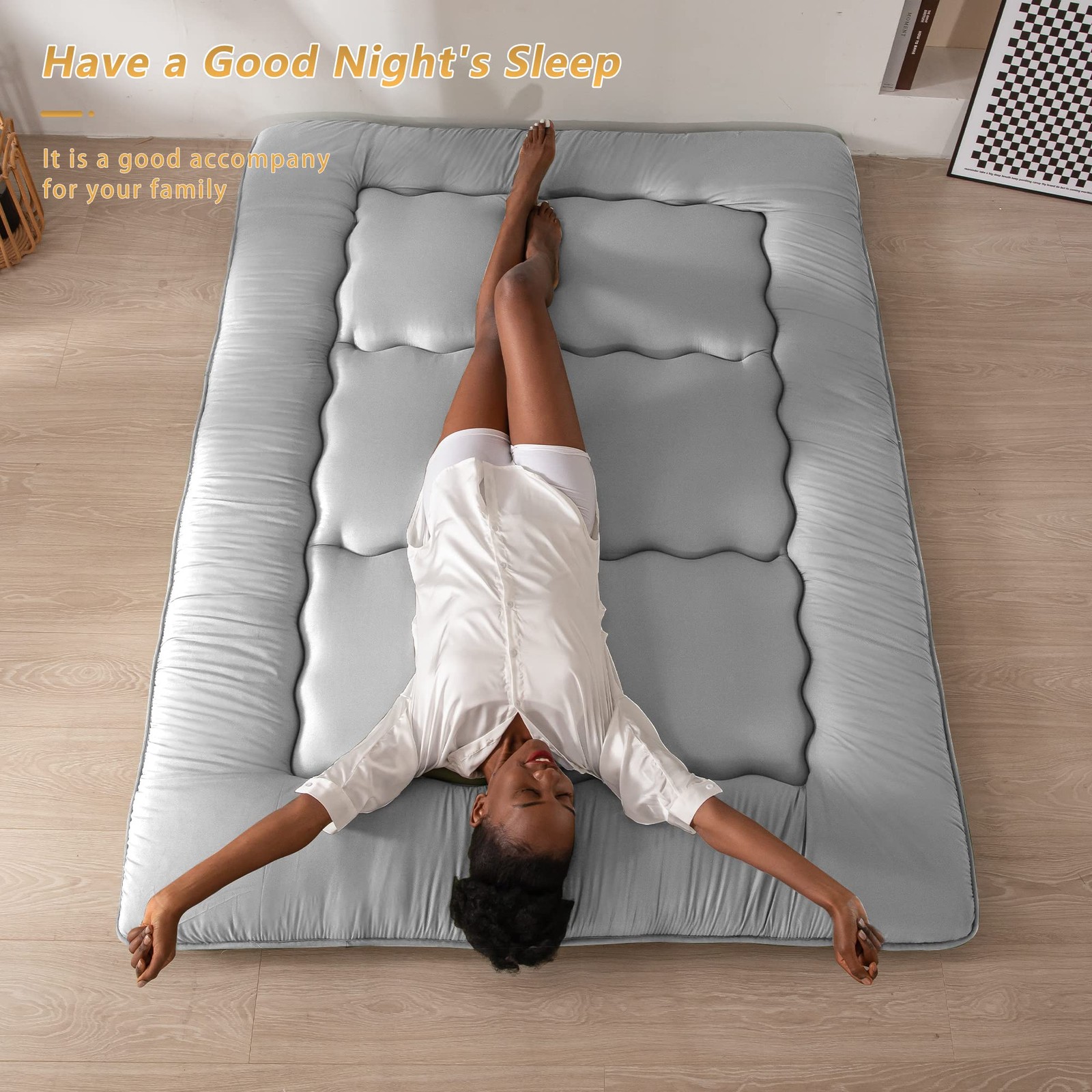 Japanese Floor Mattress Futon, Foldable Sleeping Pad, Kids Dorm Bed, Grey Full