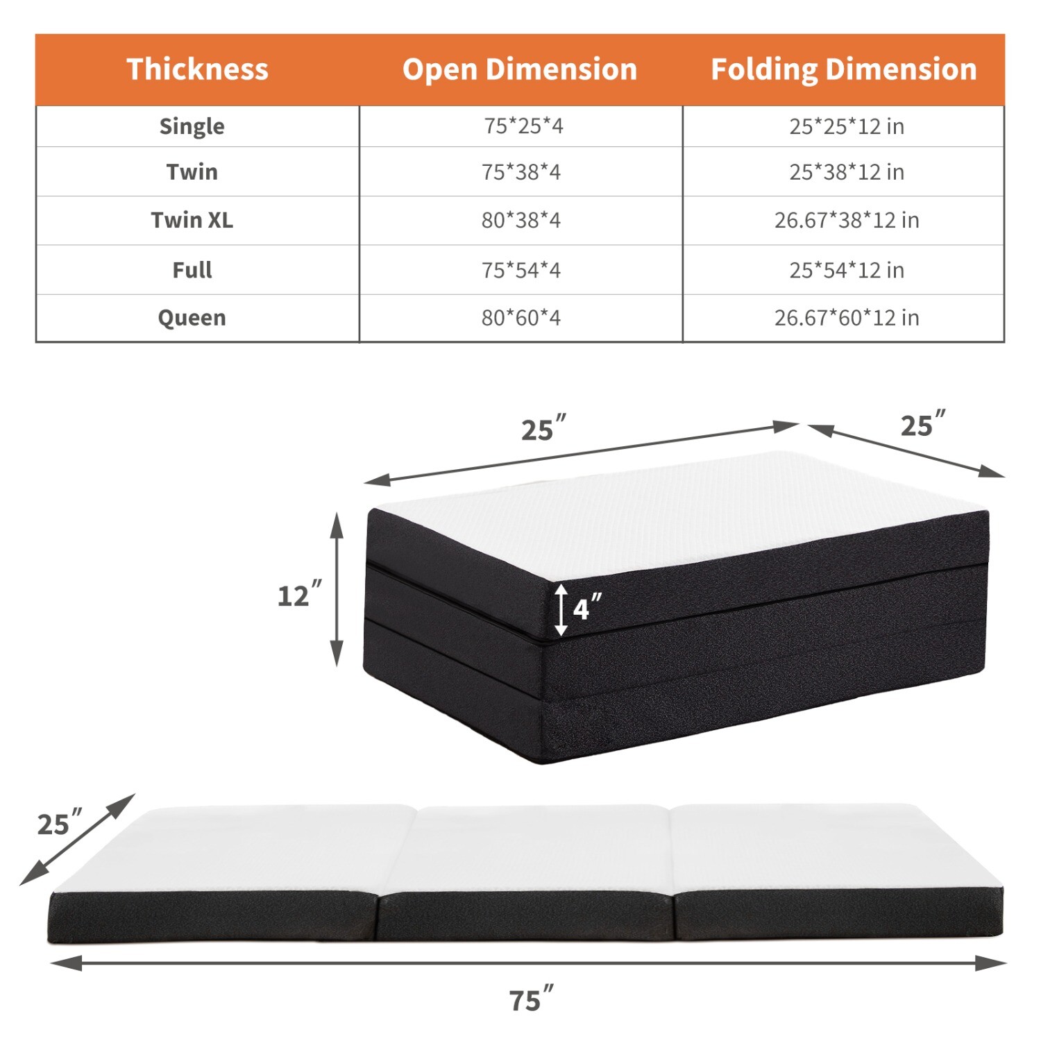 4″ Tri-fold Memory Foam Mattress,Portable Folding Floor Bed,with Washable Cover