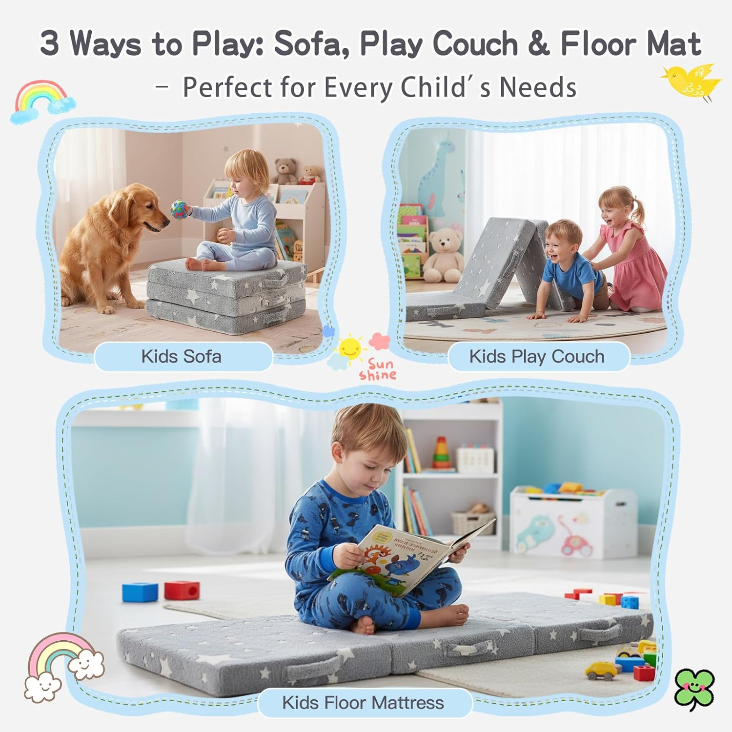 Foldable Floor Mattress for Kids-Glow in the Dark Toddler Nap Mat with Storage B