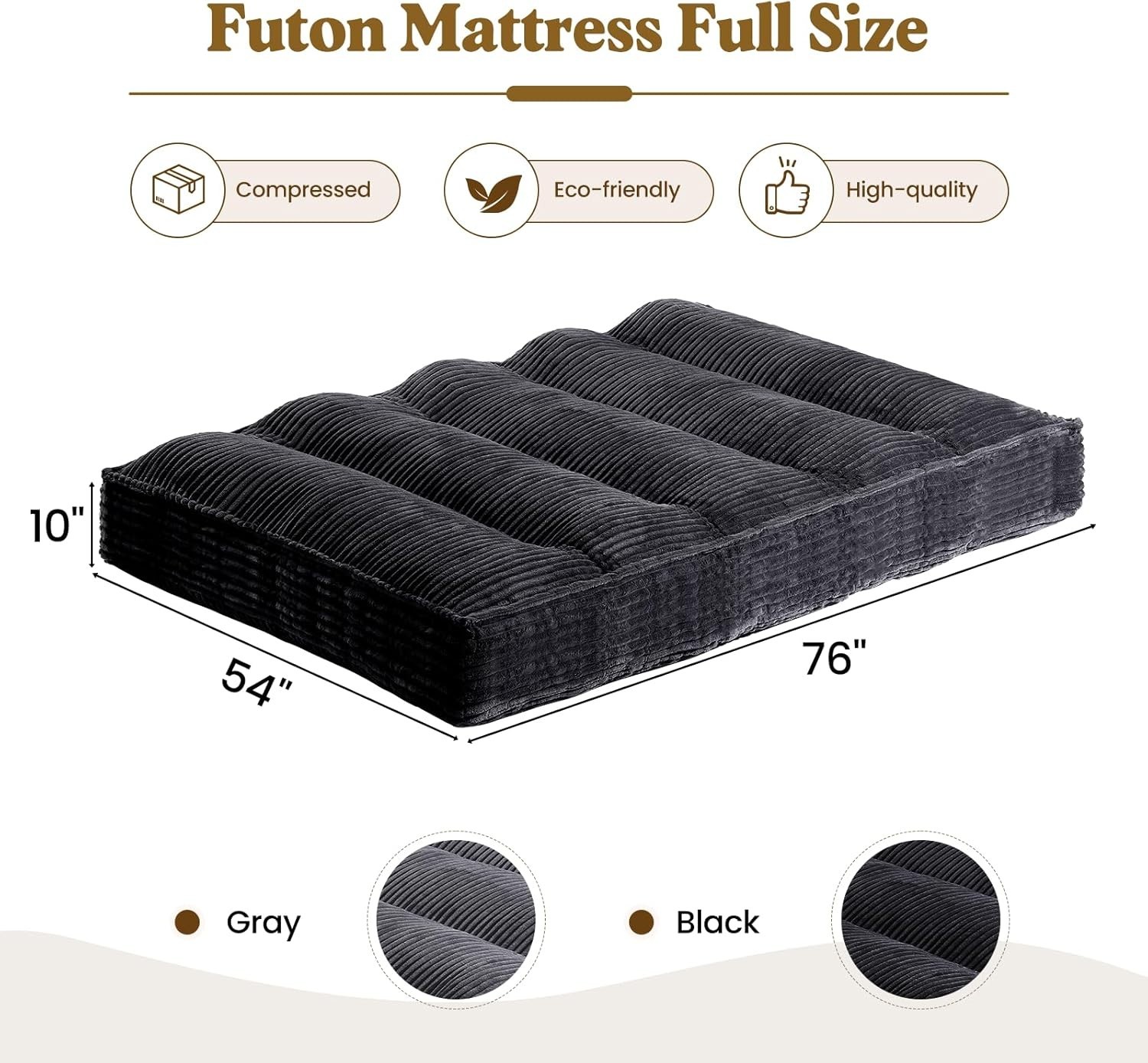 10″ Futon Mattress Queen Size Futons Sofa Couch Bed with Straps Thick Corduroy