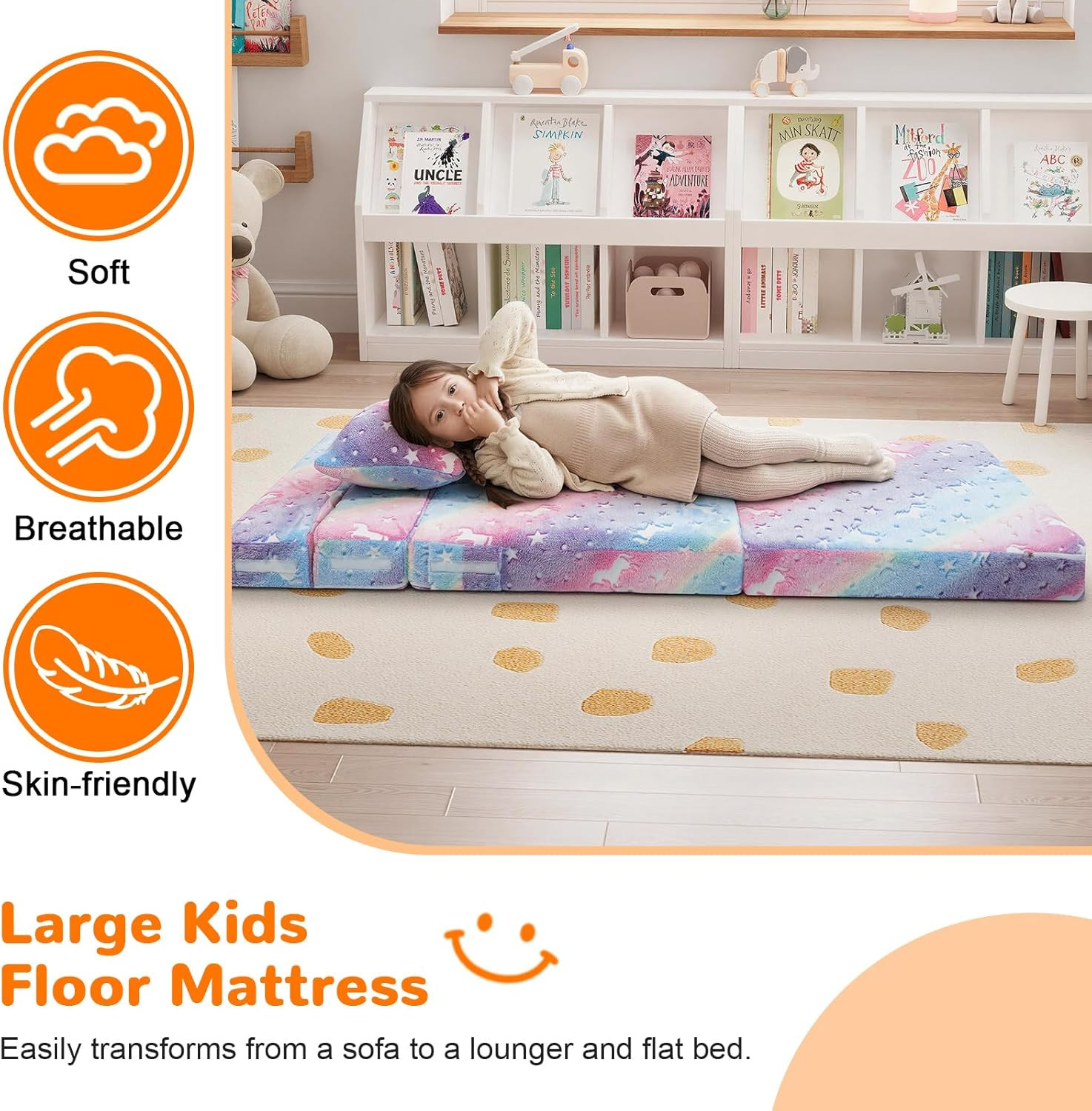 Glow Rainbow Unicorn Tri-Fold Sofa Bed for Kids – Versatile Playroom Furniture