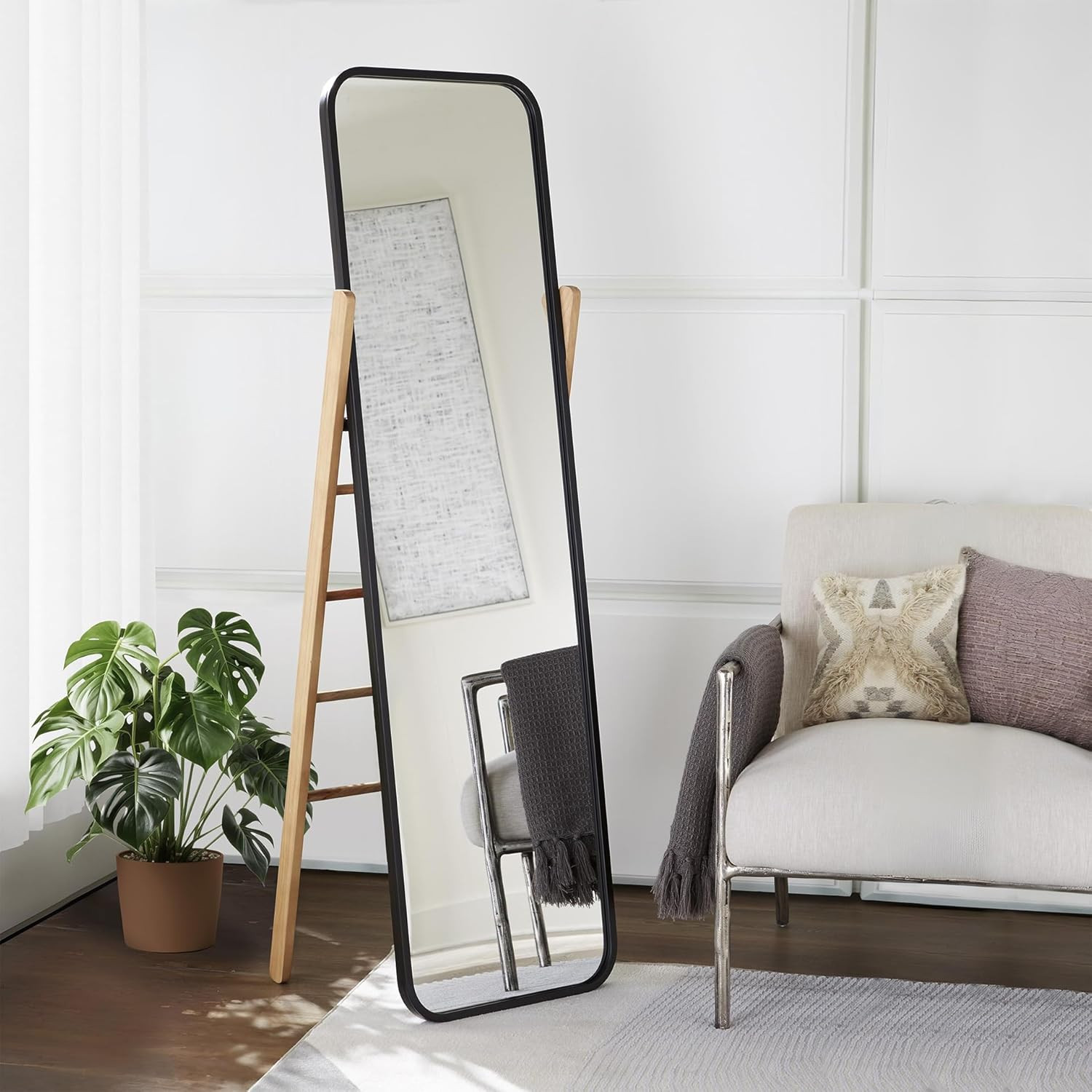 Bronick Contemporary Full Length Floor Mirror – Metal & Wood, Black & Light Brow