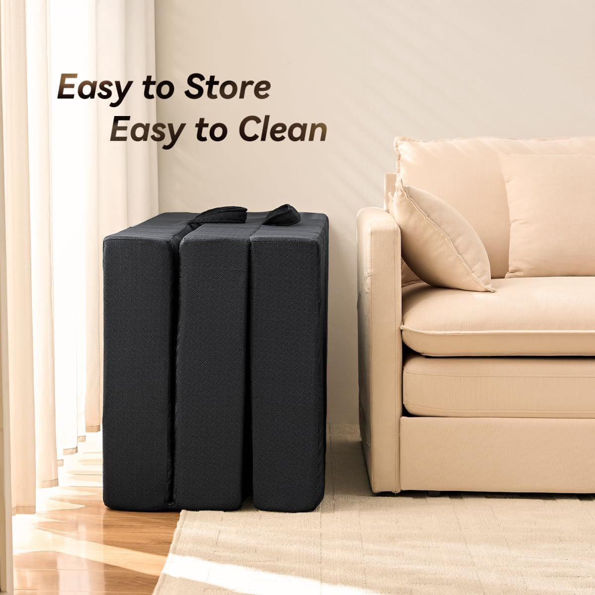 4″ Memory Foam Trifold Mattress – Foldable, Washable, Non-Slip, Black