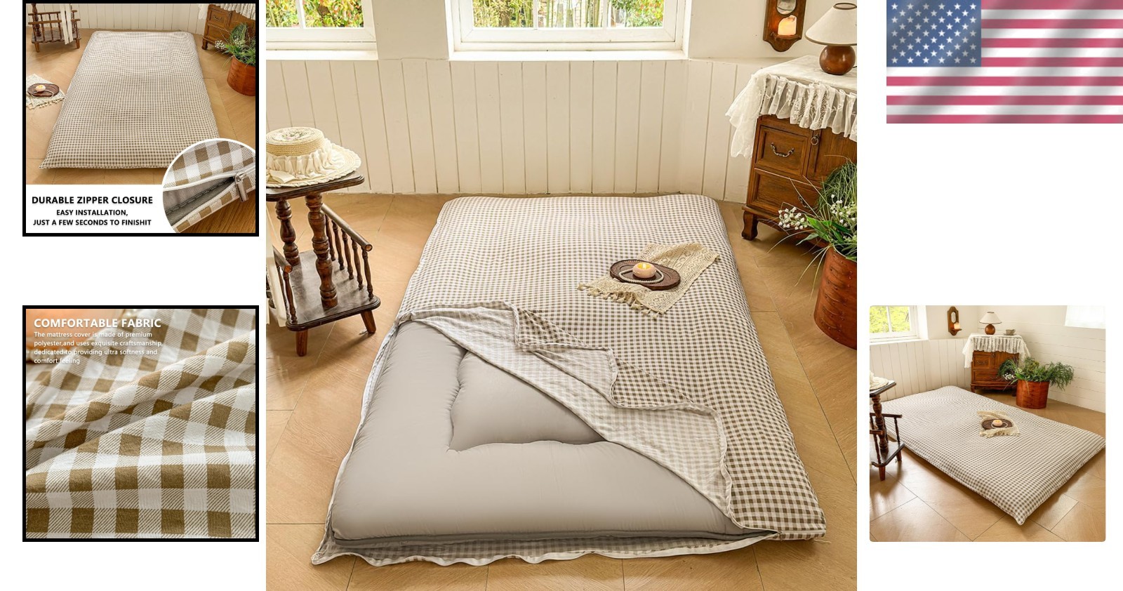 Floor Mattress Cover Gingham Checkered Futon Cover Guest Bed Japan Taupe Full