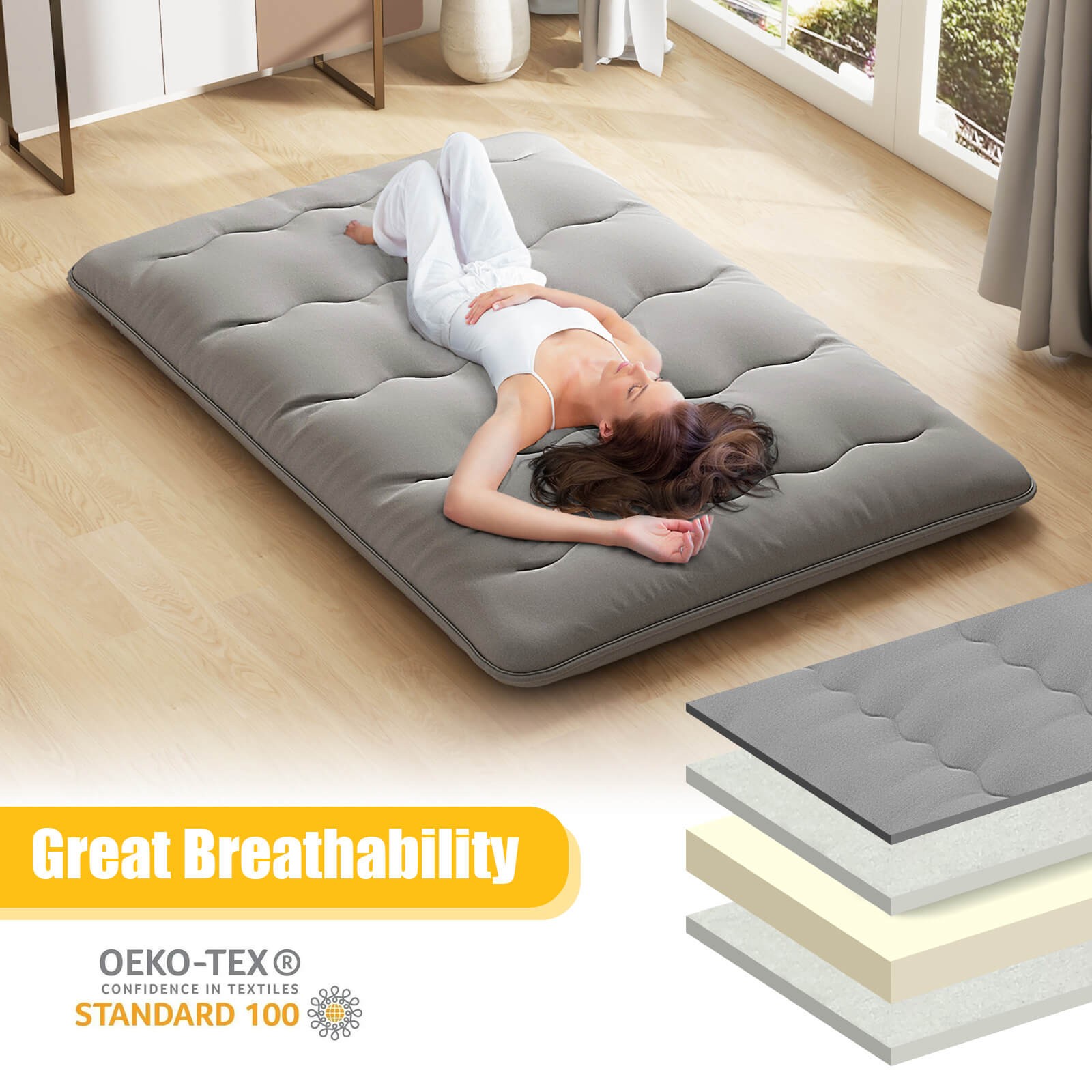 Full Futon Mattress Washable Cover Carry Bag Gray Japanese Floor Pad