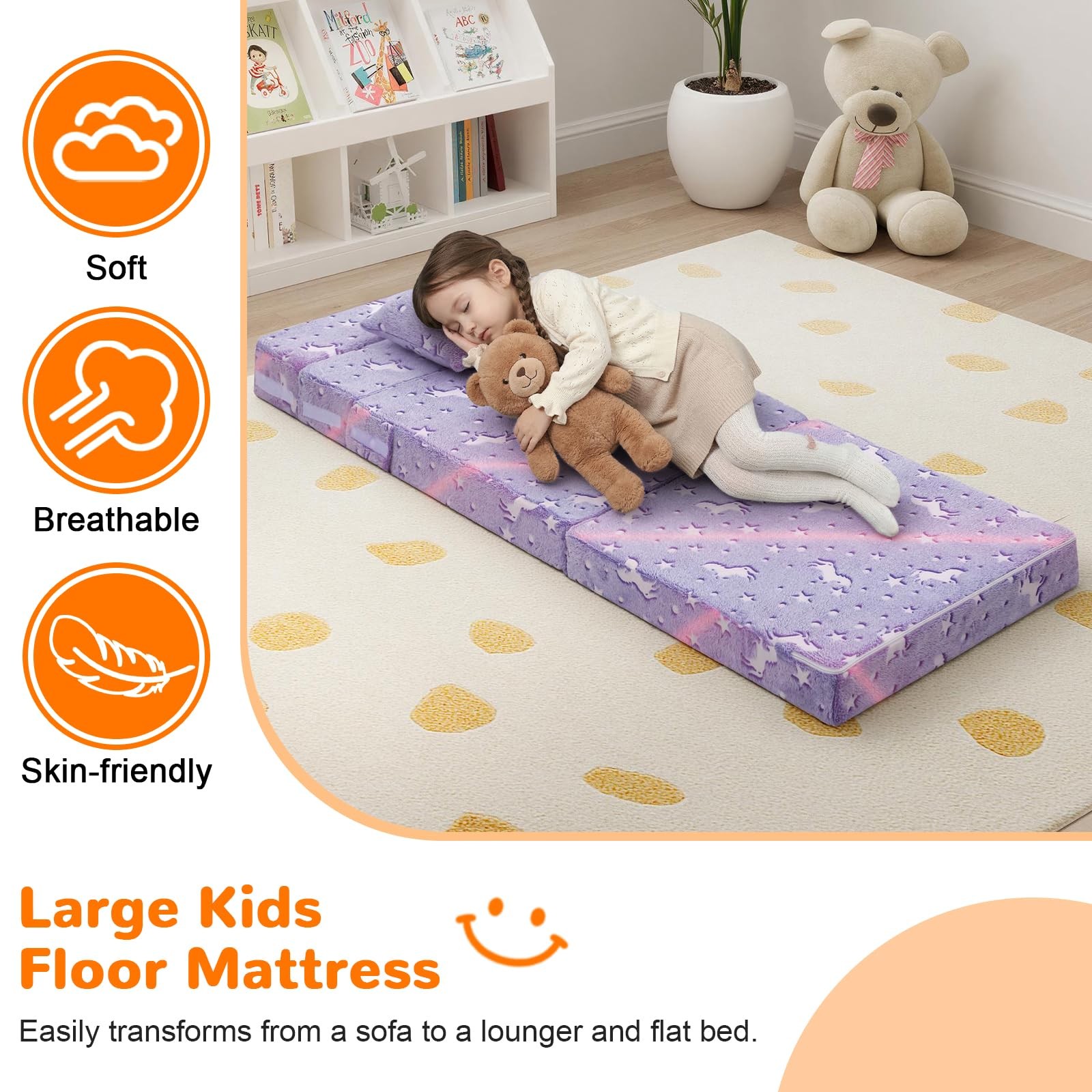 Foldable Futon Chair Bed for Kids, Glow Tri-Fold Sofa Bed Convertible Toddler…