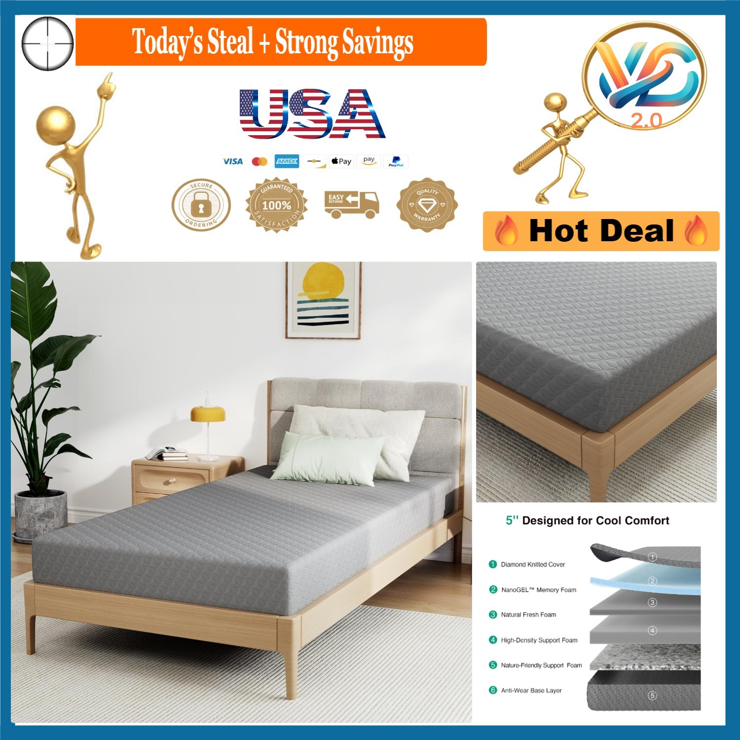 Full Size Gel Memory Foam Mattress 5 Inch Cooling Support Hypoallergenic