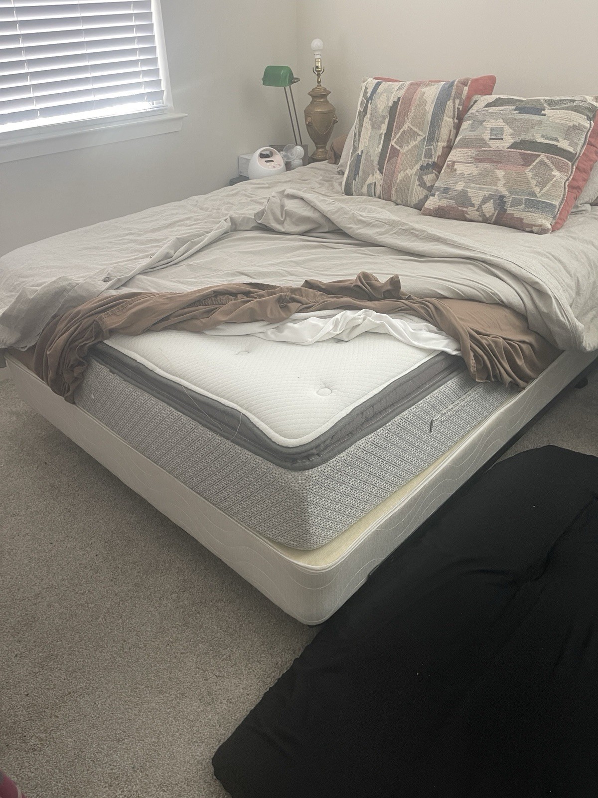 Queen Pillow Top Mattress White Gray Fabric Cover Geometric Pattern