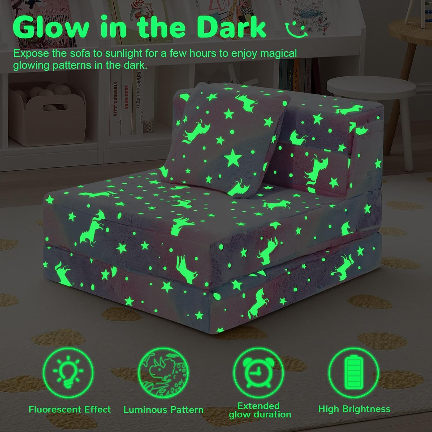 Glow Rainbow Unicorn Tri-Fold Sofa Bed for Kids – Versatile Playroom Furniture