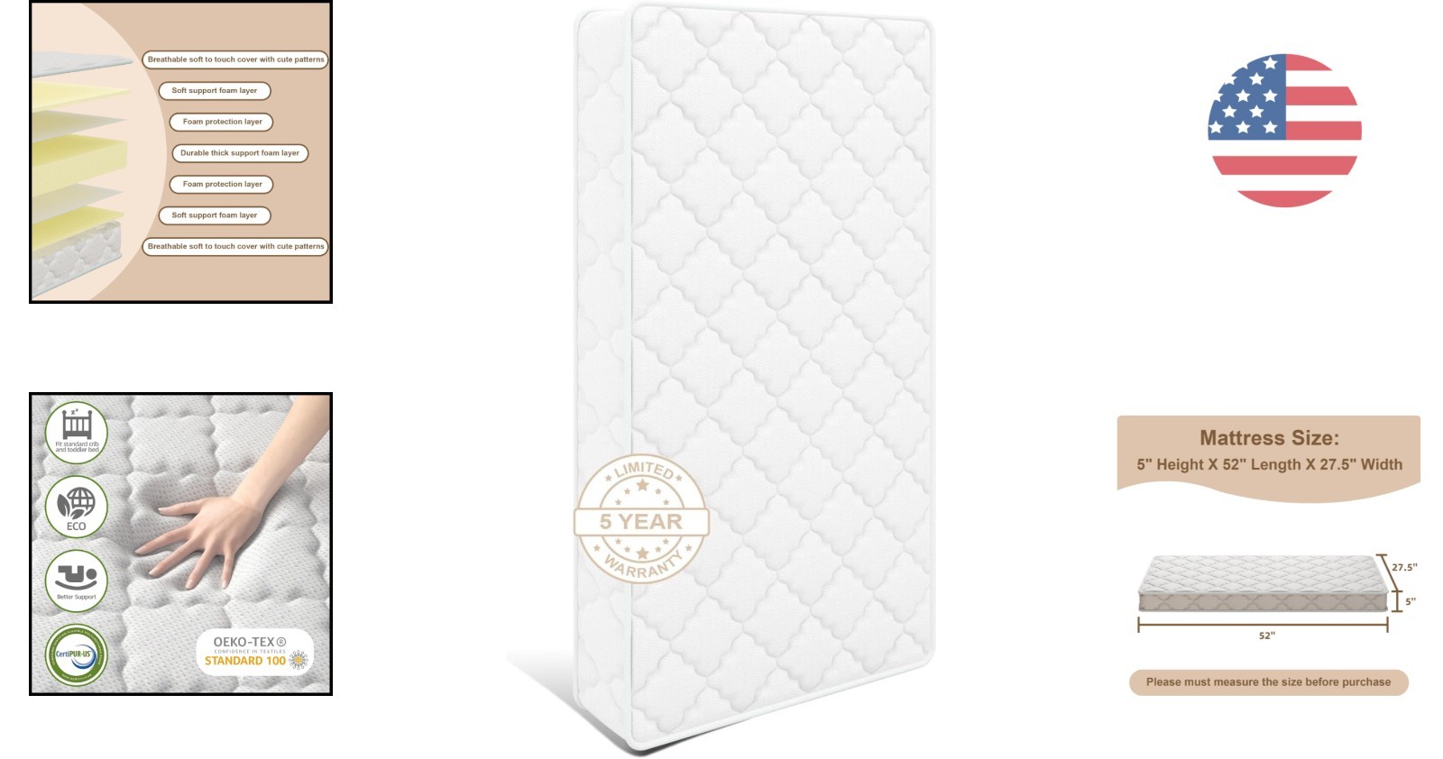 Comfortable 52×27.5 Baby Mattress Set – Durable Foam, Edge Reinforced Design