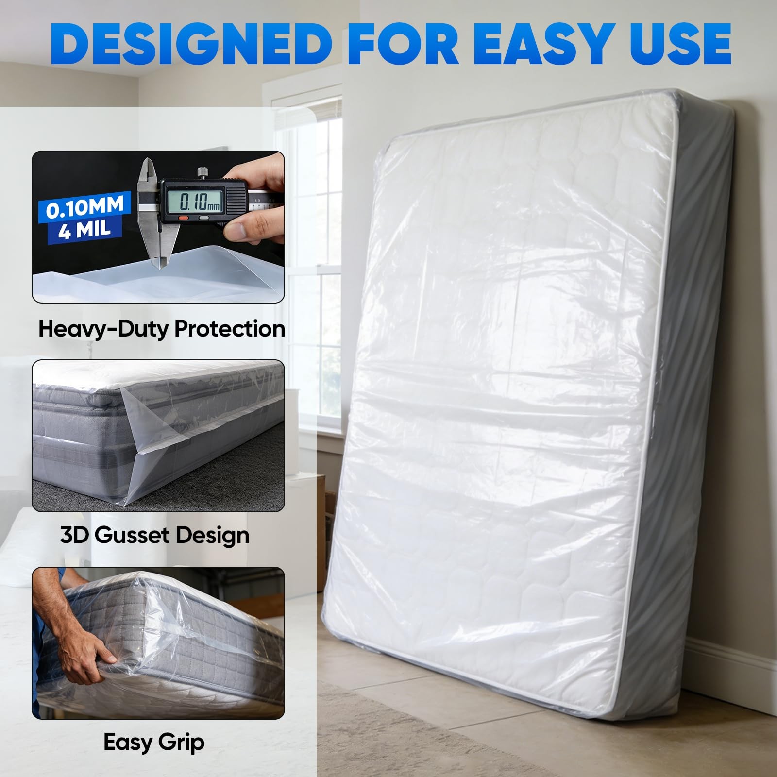 TICONN 2PK Plastic Mattress Bag for Moving Storage, Waterproof Queen, White