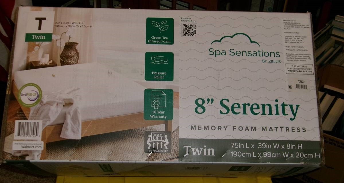 Zinus Spa Sensations Serenity 8” Memory Foam Mattress, Twin. New in box. $50.00