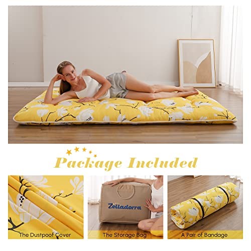 Japanese Floor Mattress, Queen（80″L x 60″W） Yellow Flower ( 4″th + Dust Cover ）