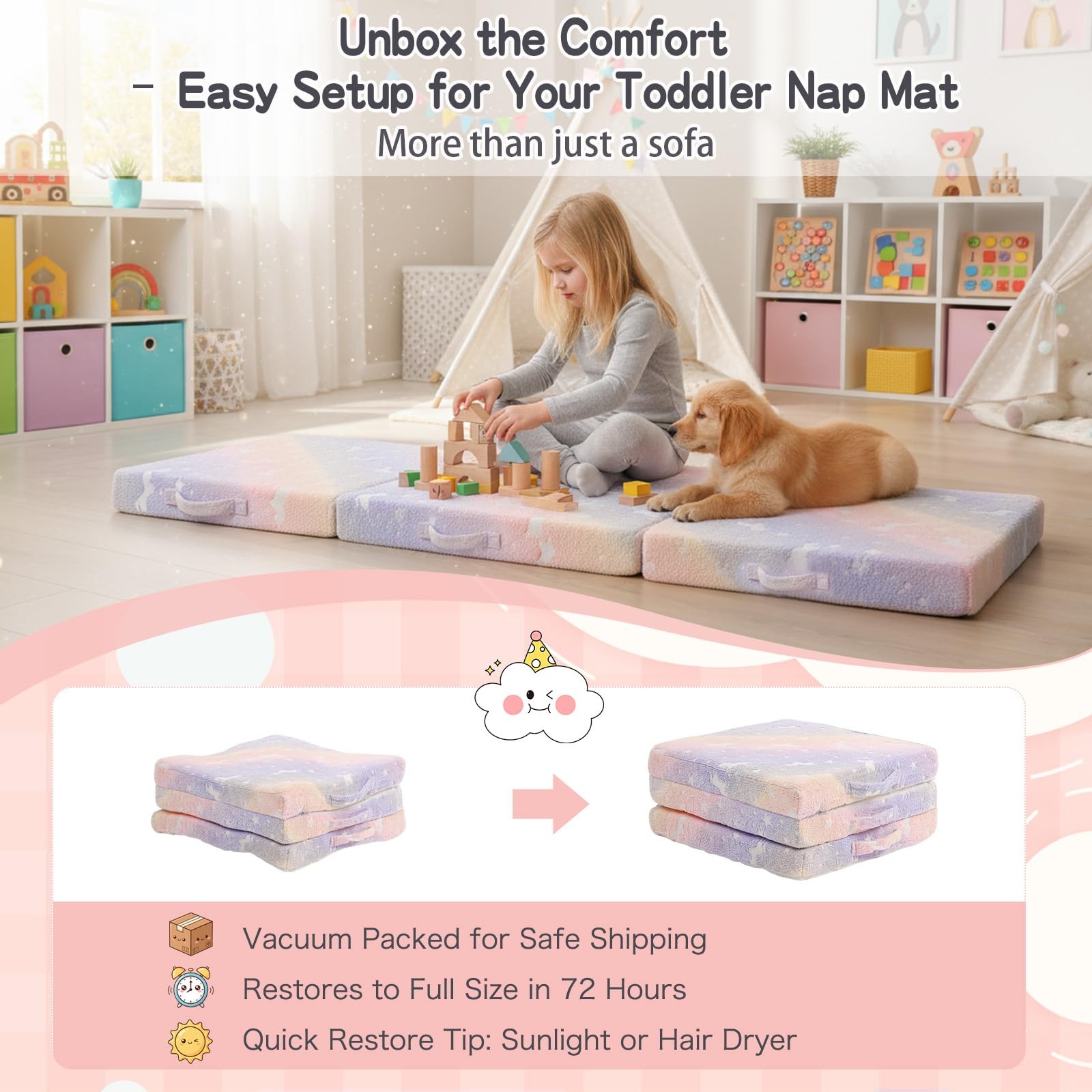 Foldable Floor Mattress for Kids-Glow in The Dark Toddler Nap Mat with Storag…