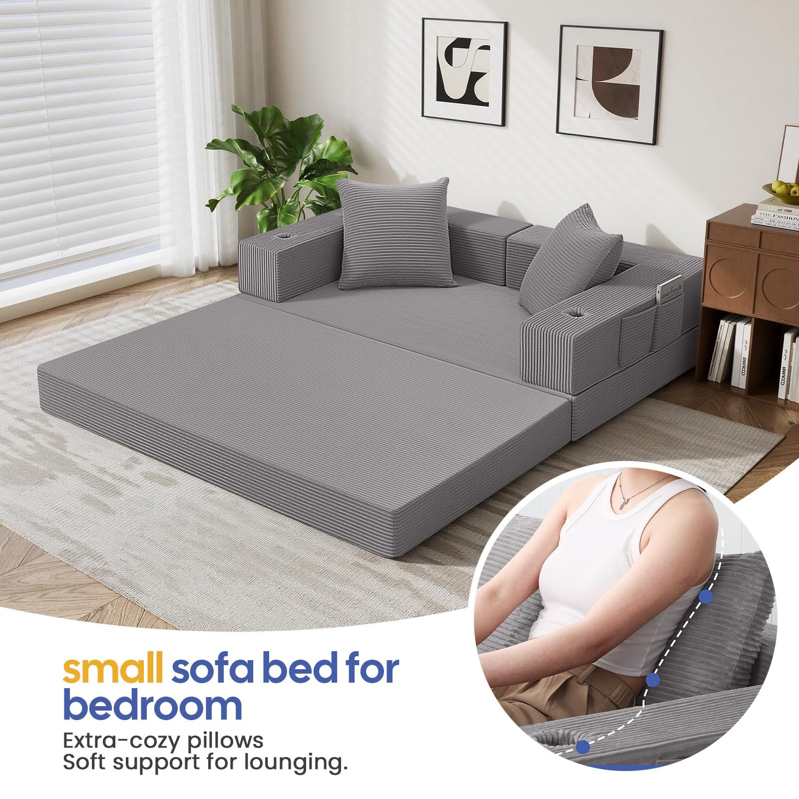 COMAX Futon Sofa Bed, 4‑in‑1 Convertible L-Shaped Loveseat, Light Grey