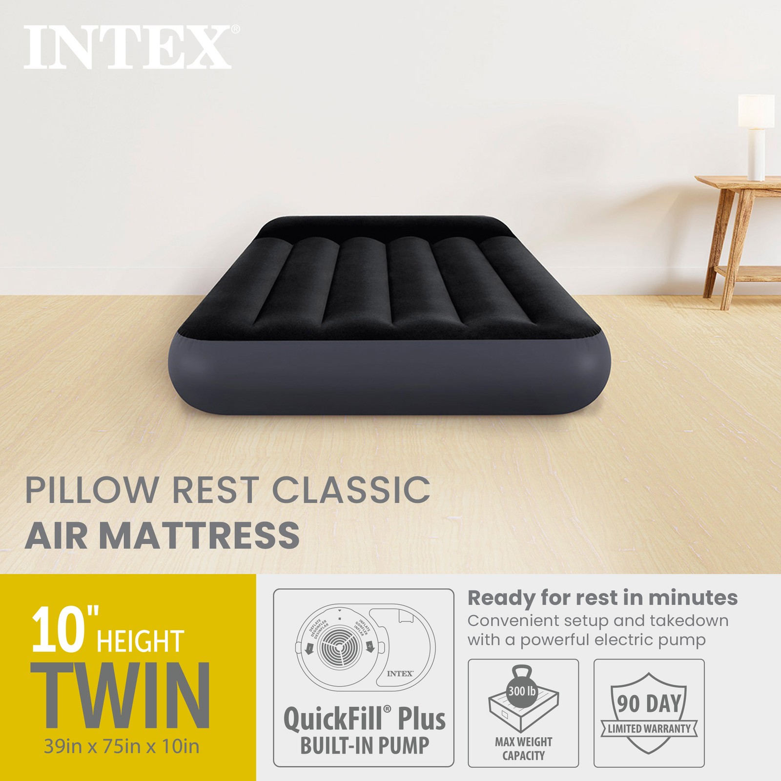 Intex Dura Pillow Rest Classic Blow Up Mattress Air Bed with Built In Pump, Twin