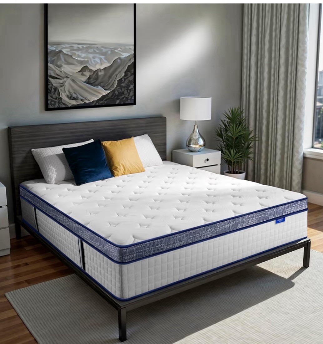 Quilted Top Innerspring Mattress, Queen Medium Firm, White/Blue Trim