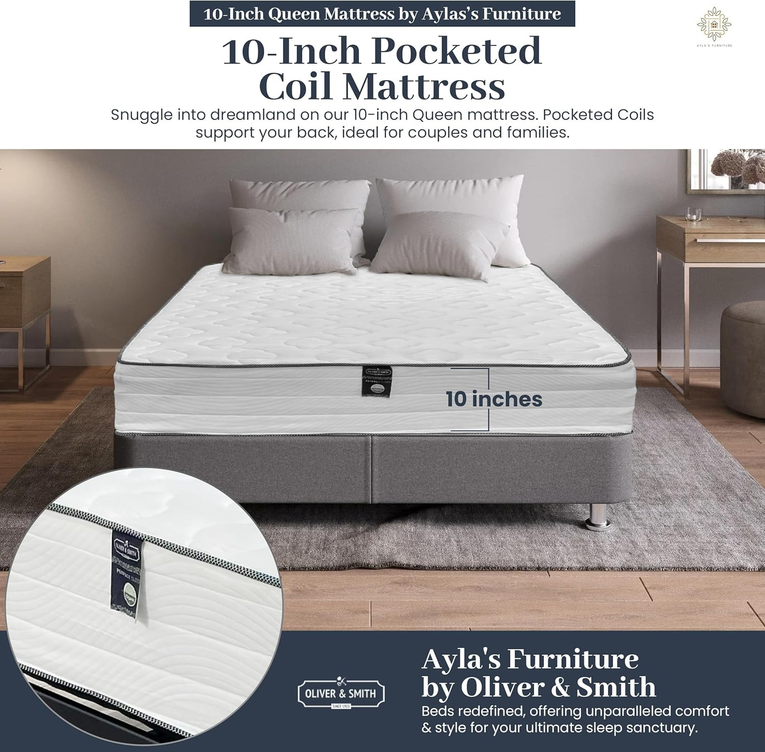 Queen Mattress 10 Inches White – Pocketed Coil Euro Top Cool Memory Foam Hybrid