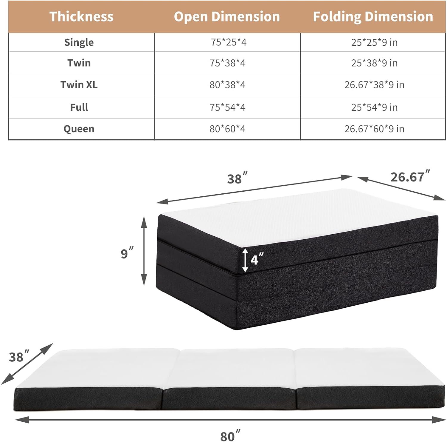 Folding Mattress 3 inch Tri-Fold Memory Foam Mattress Topper with Washable Cover