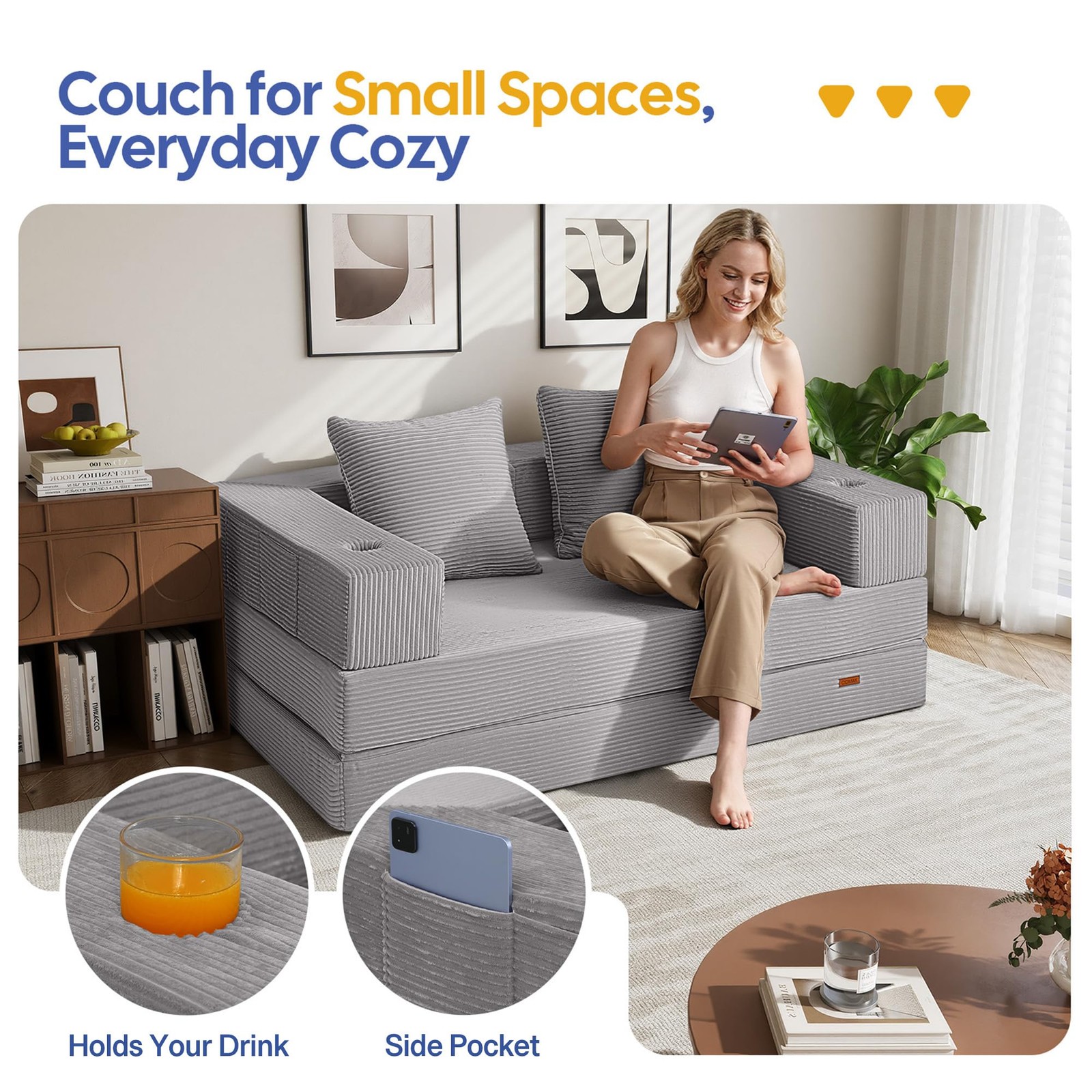 COMAX Futon Sofa Bed, 4‑in‑1 Convertible L-Shaped Loveseat, Light Grey