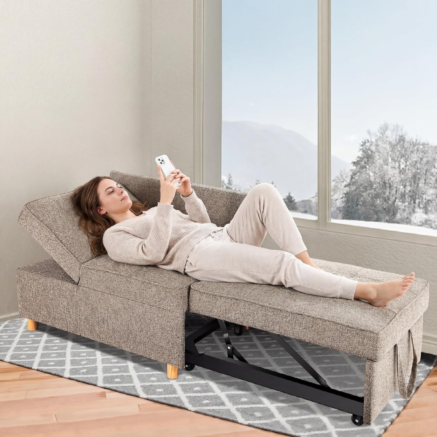 Sofa Bed Chair 4-in-1 Convertible Chair Bed, 3-Seat Linen Fabric