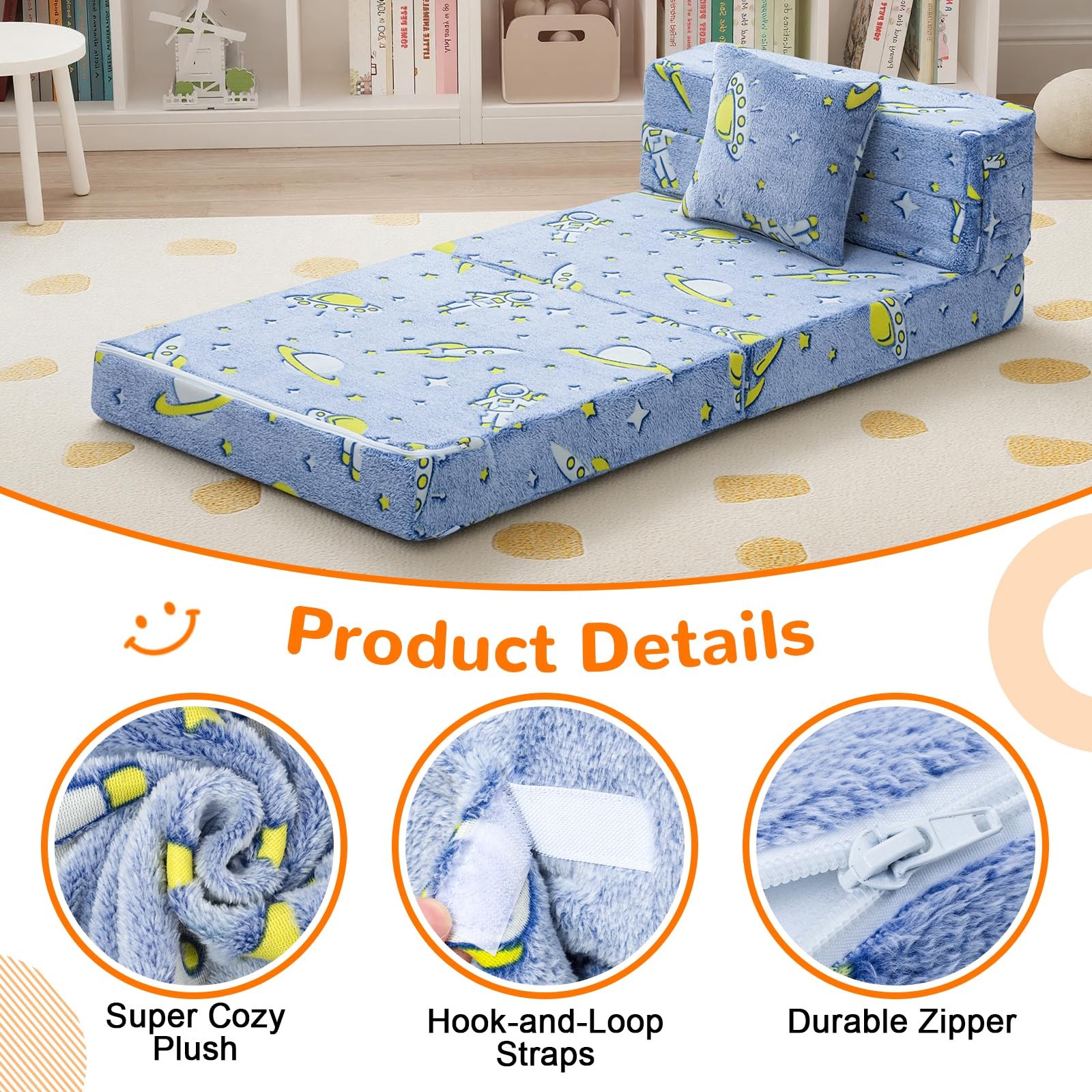 Foldable Futon Chair Bed for Kids, Glow Tri-fold Sofa Bed Convertible Toddler…