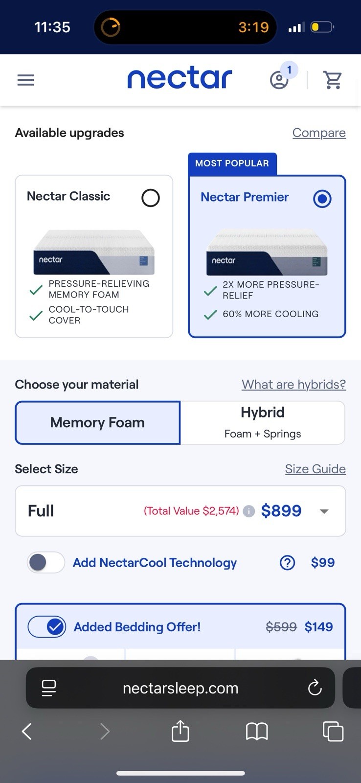 Nectar Premier Memory Foam Mattress Full Cooling Pressure-Relieving Medium Firm