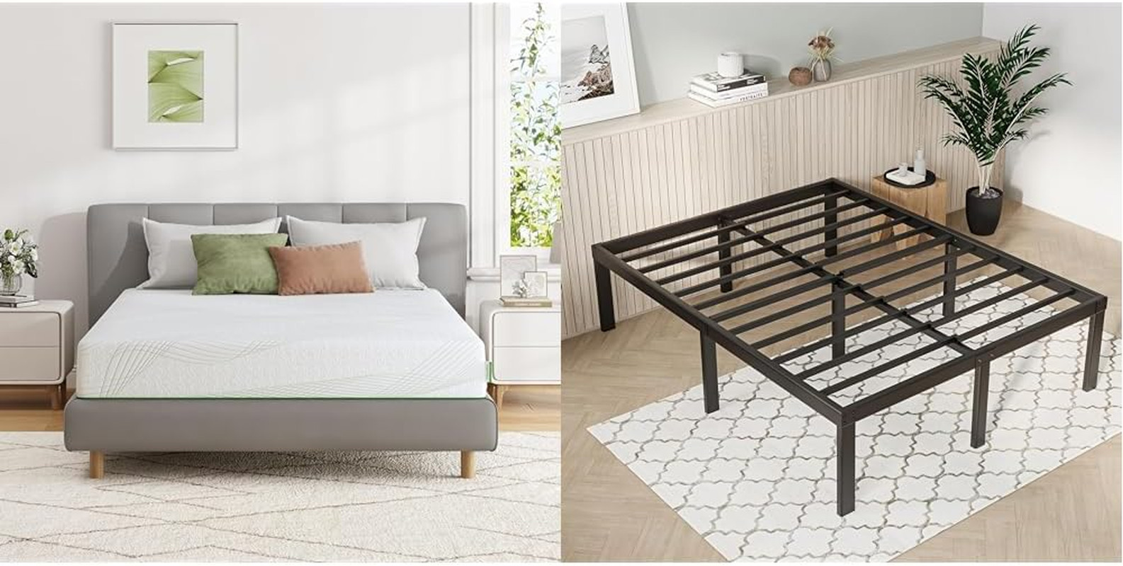 Queen Mattress & Bed Frame, Memory Foam Mattress Queen Size 6 Inch with Metal Pl