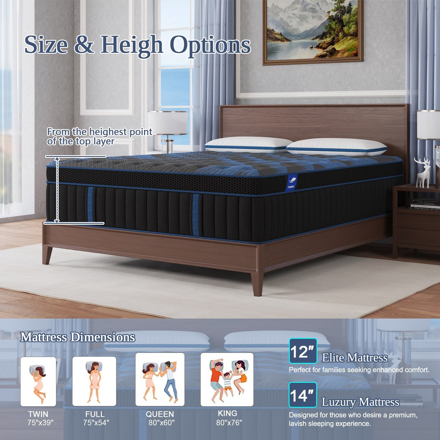 Duchessz 12″ Twin Full Queen King Size Gel Memory Foam Spring Mattress In A Box
