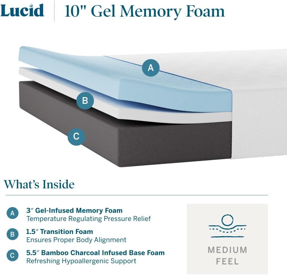 LUCID 10 Inch TWIN XL Memory Foam Mattress – Medium Feel – Bed in a Box – NEW